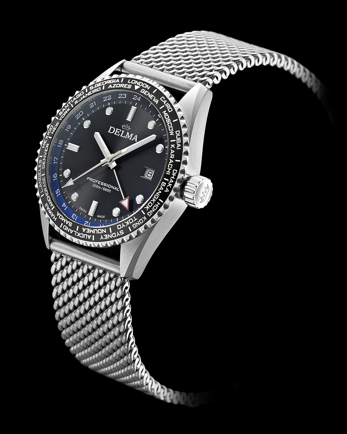 DELMA Cayman Worldtimer stainless steel watch with black dial side view