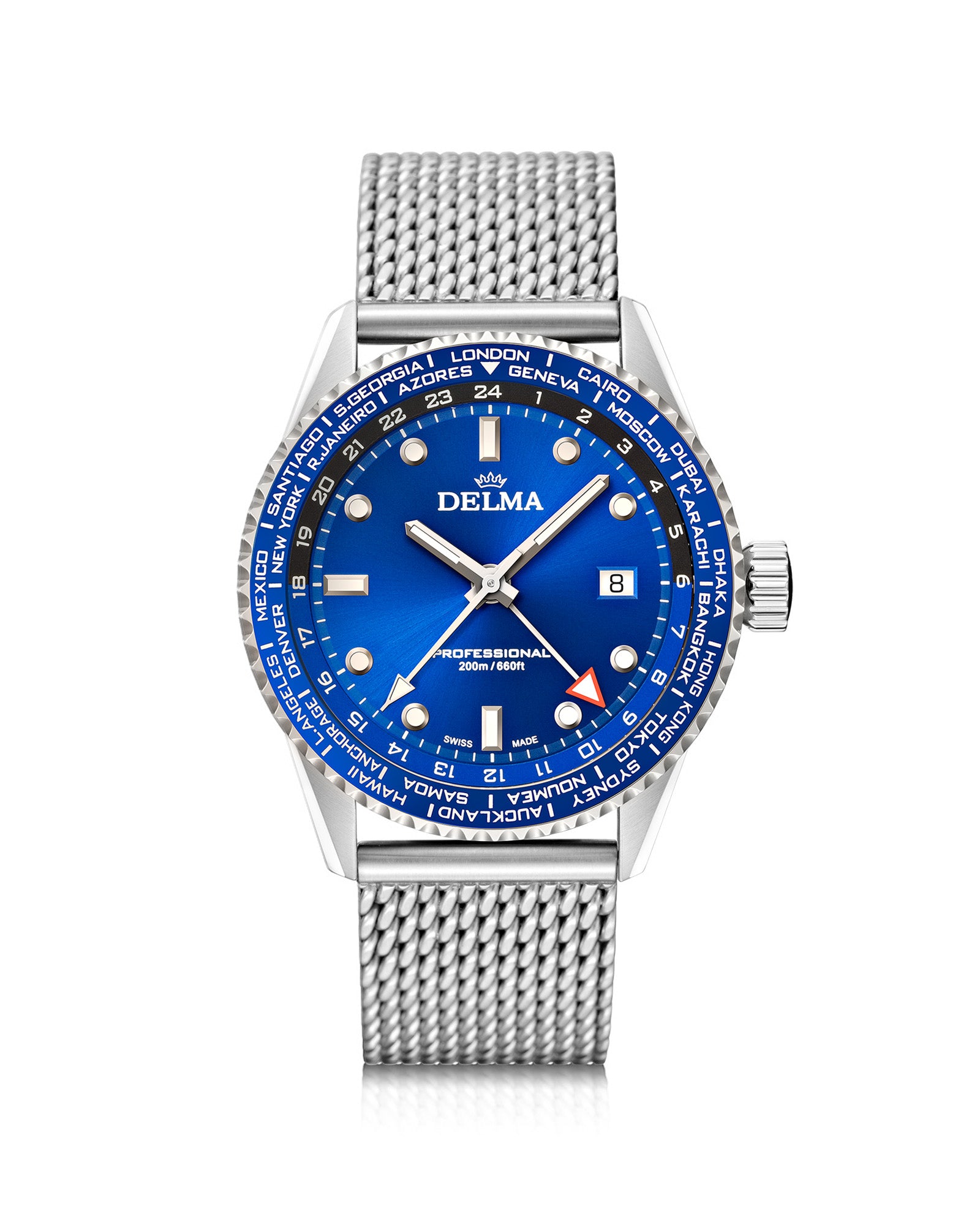 DELMA Cayman Worldtimer stainless steel watch with blue dial