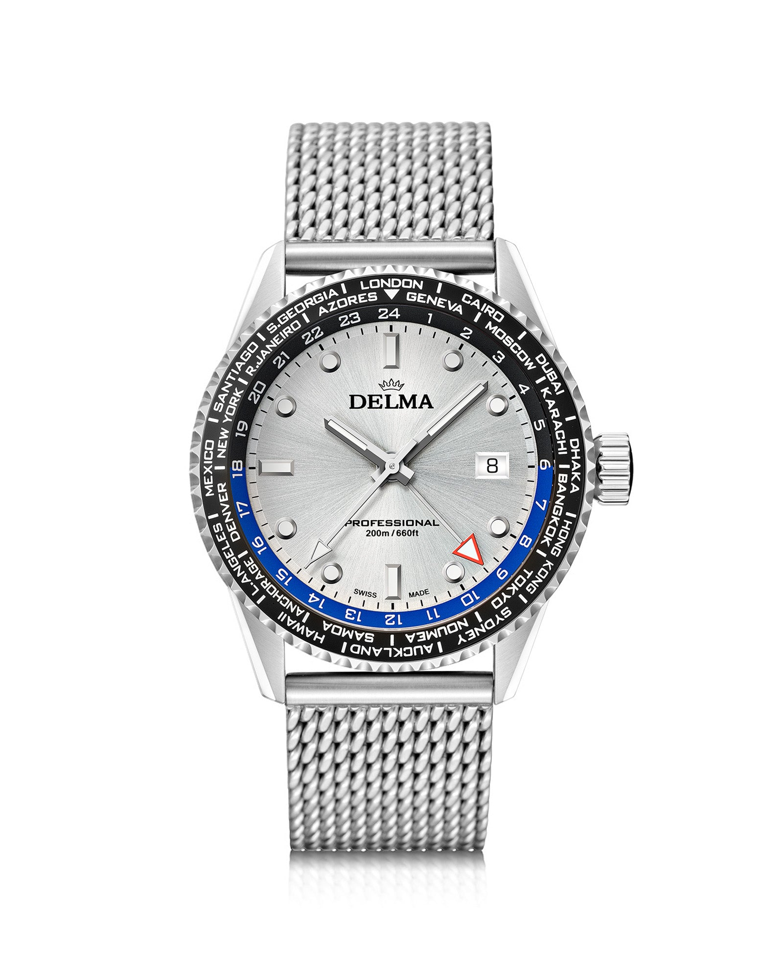 DELMA Cayman Worldtimer stainless steel watch with silver dial
