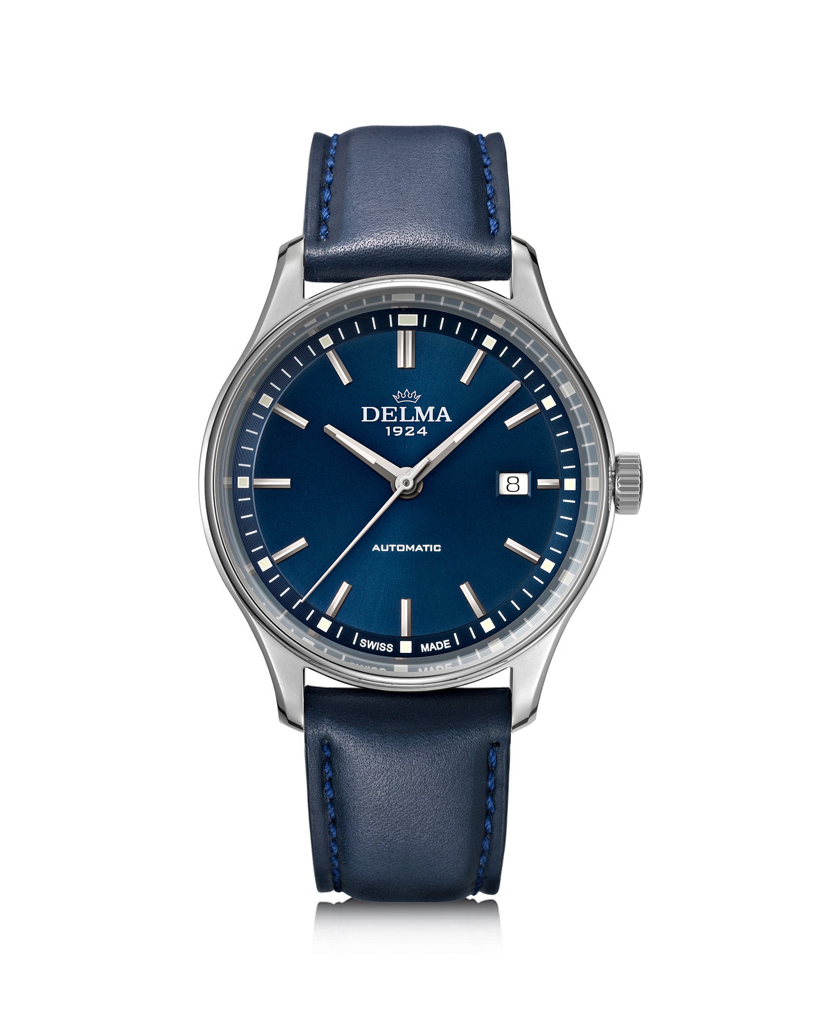 DELMA Classic stainless steel watch with blue dial and blue leather strap