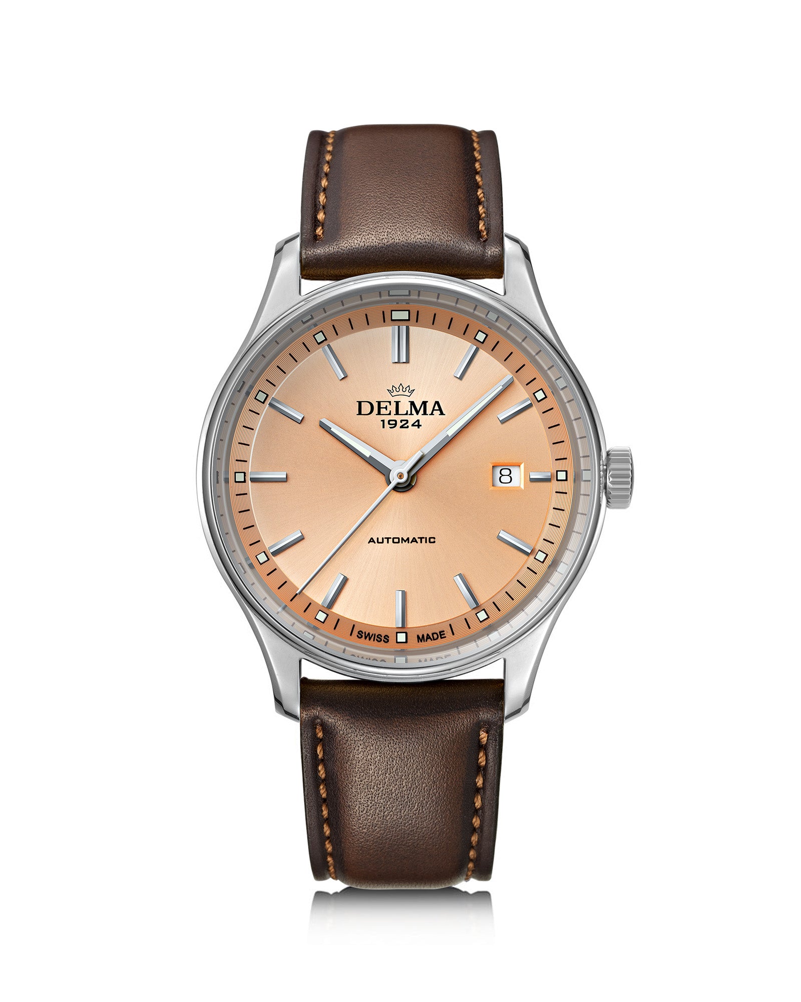 DELMA Classic stainless steel watch with salmon dial and brown leather strap