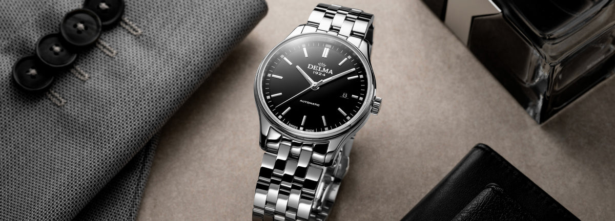 DELMA Classic stainless steel watch with black dial in context