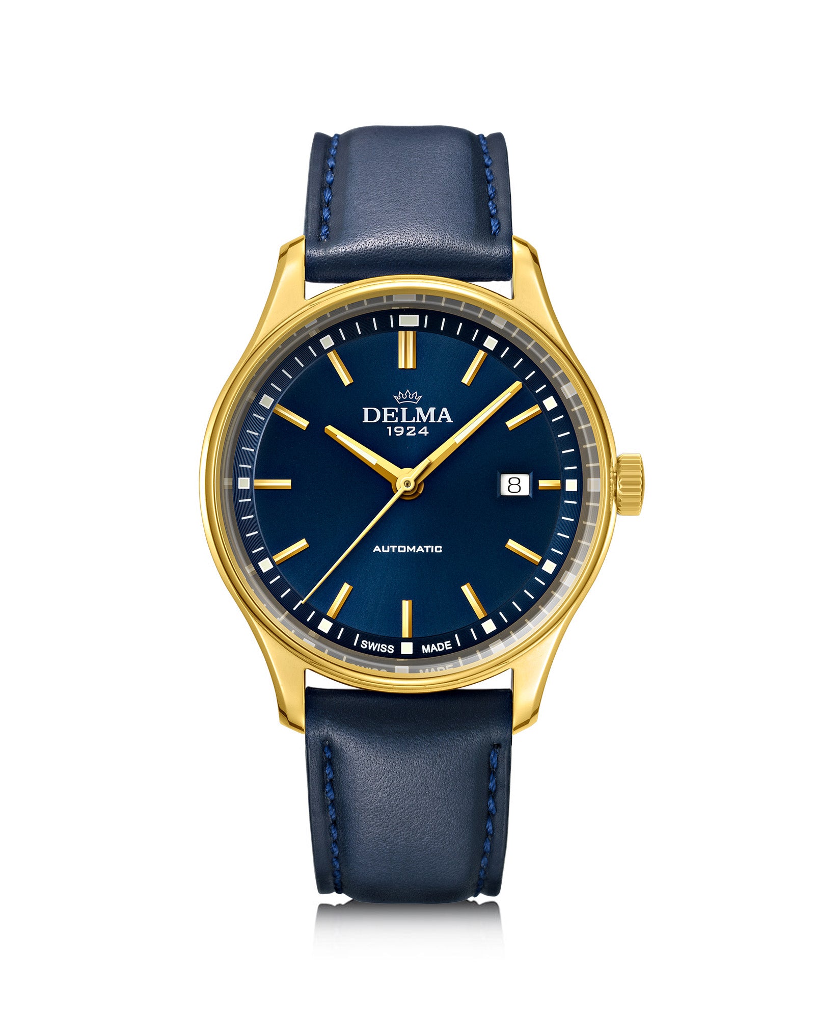 DELMA Classic two tone stainless steel and yellow gold PVD watch with blue dial and blue leather strap