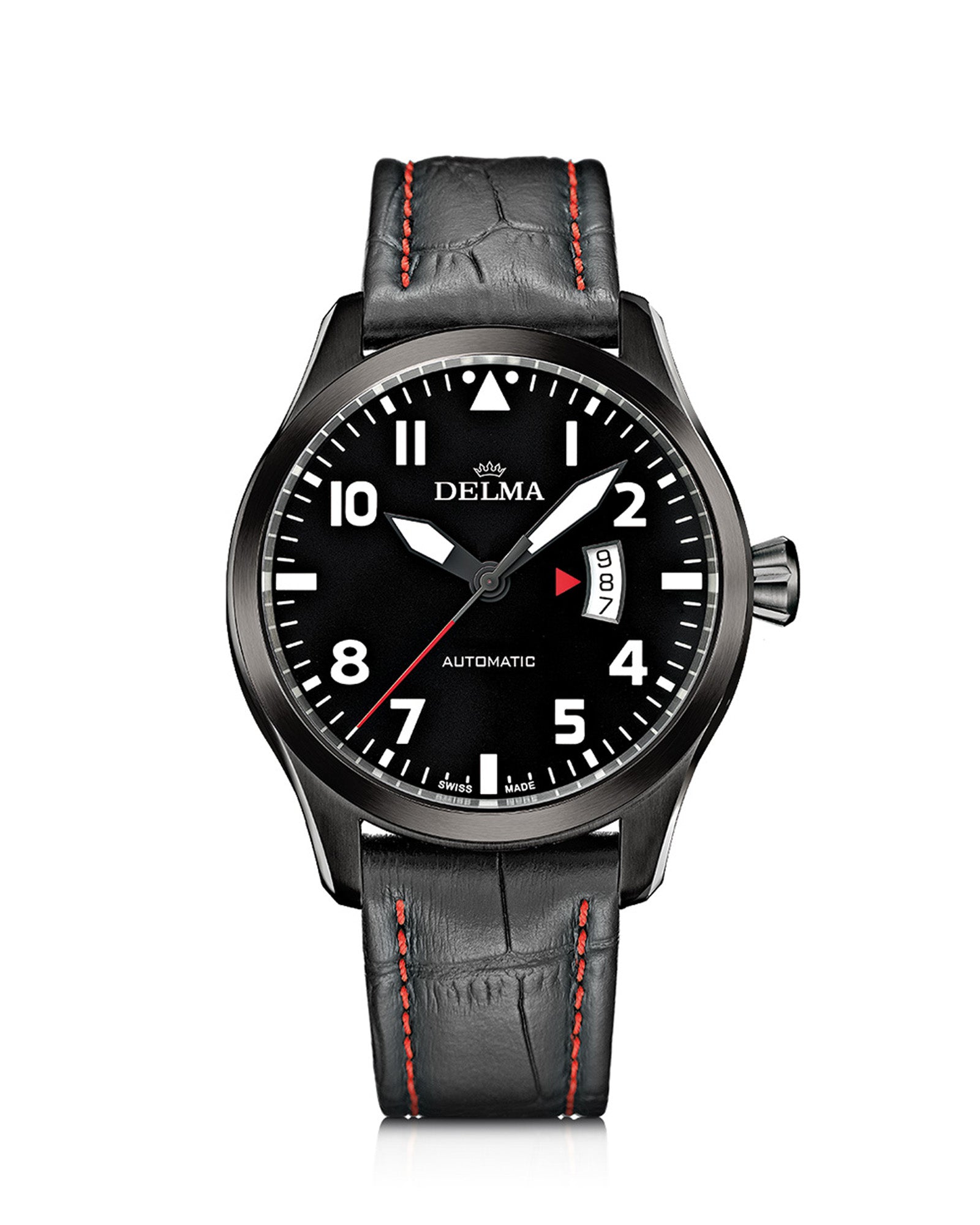 DELMA Commander stainless steel watch with black dial and black leather strap