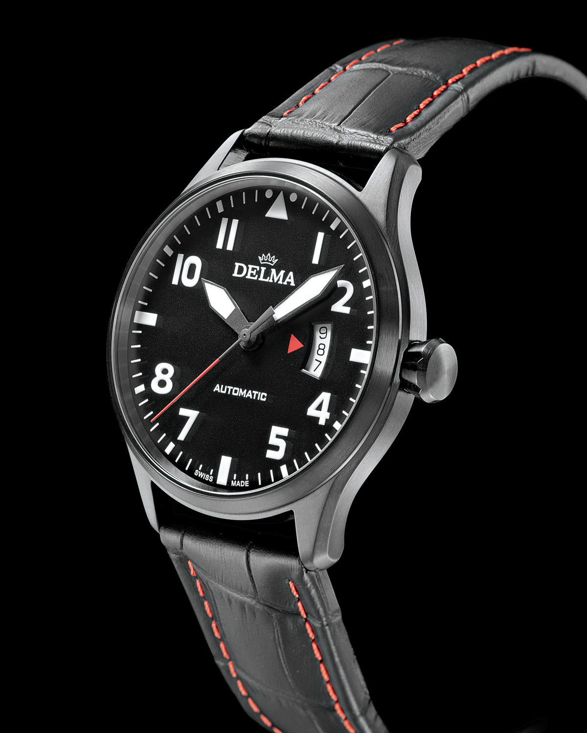 DELMA Commander stainless steel watch with black dial and black leather strap side