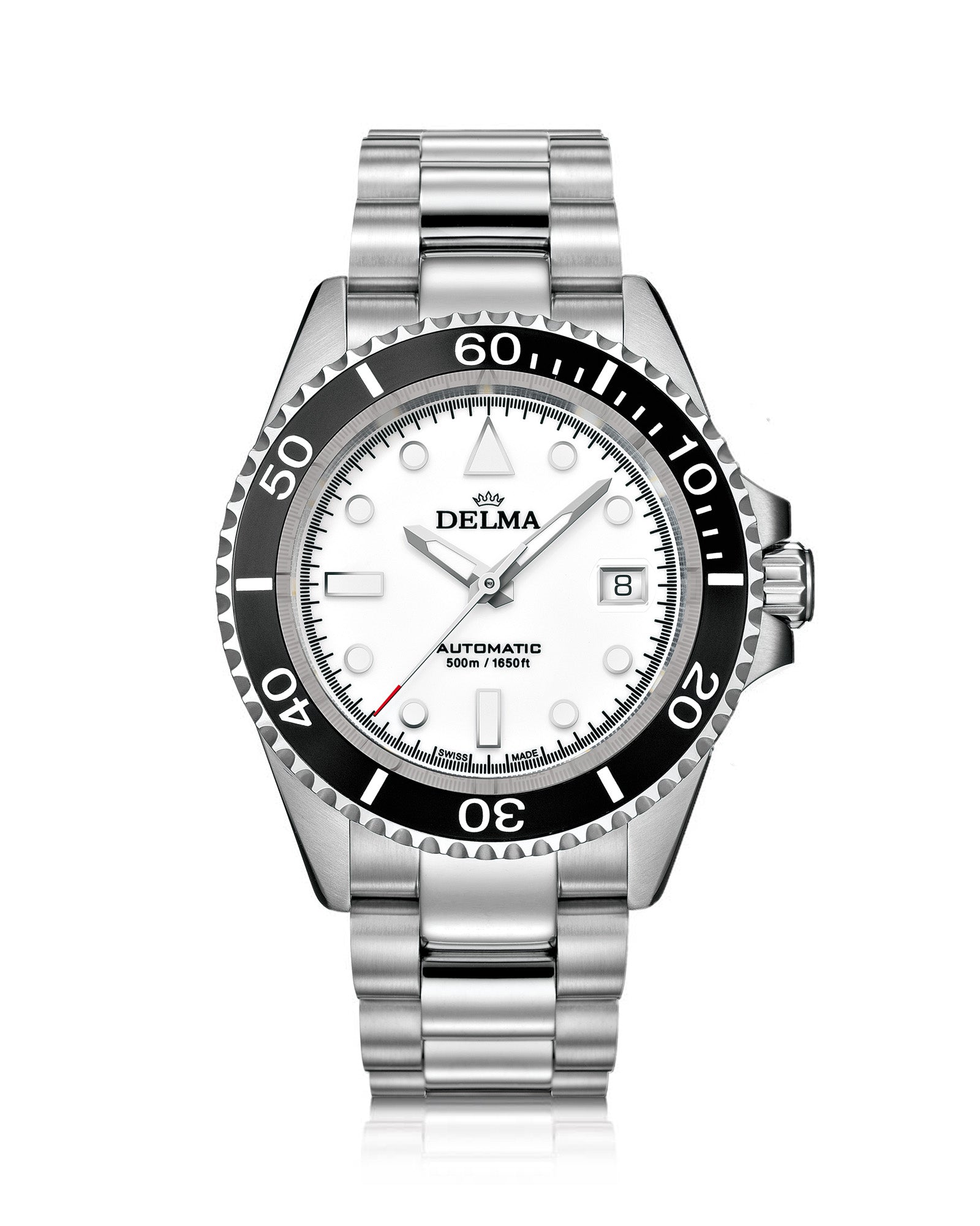 DELMA Commodore Automatic stainless steel watch with white dial and black bezel