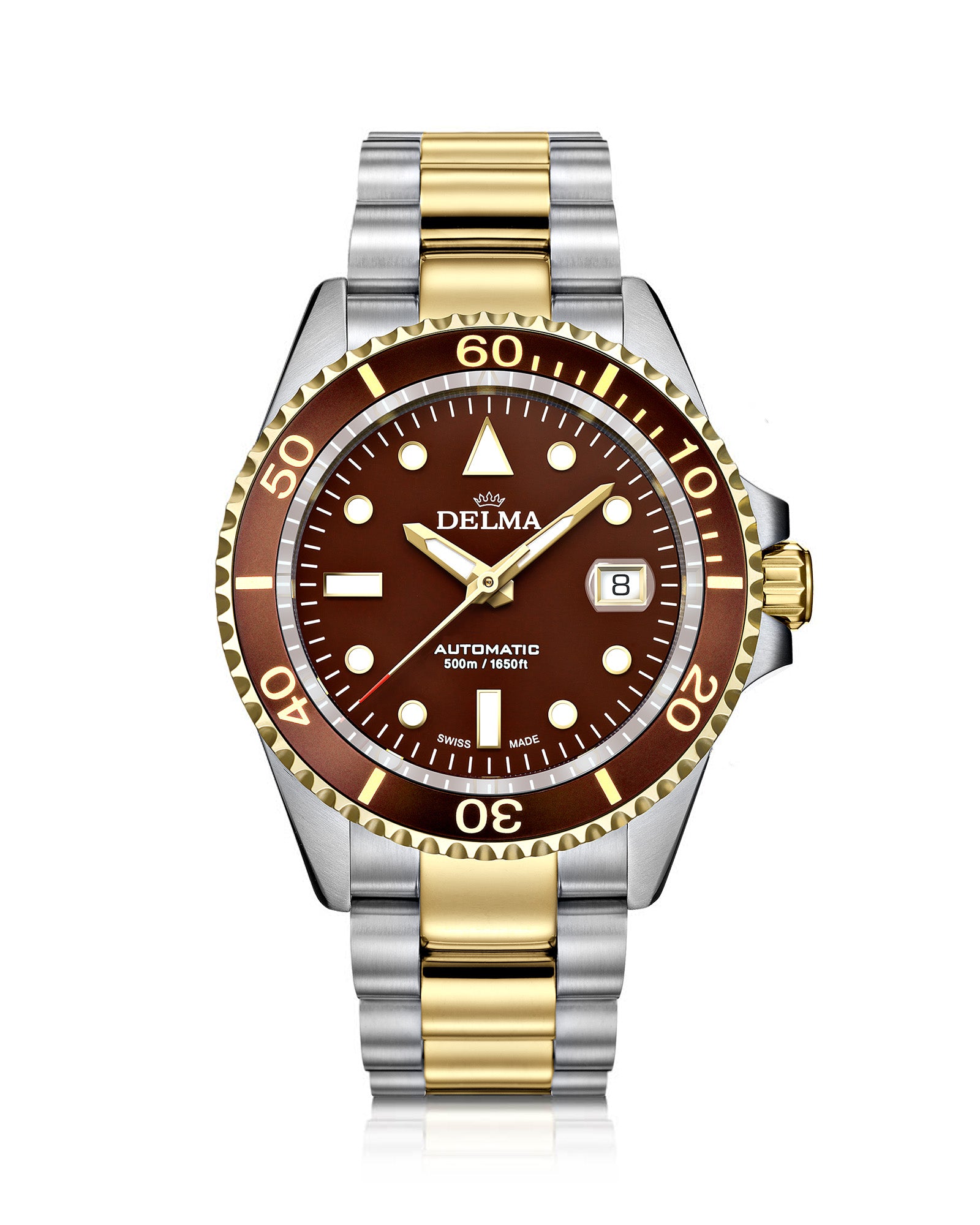 DELMA Commodore Automatic two tone stainless steel and yellow gold PVD watch with brown dial and brown bezel