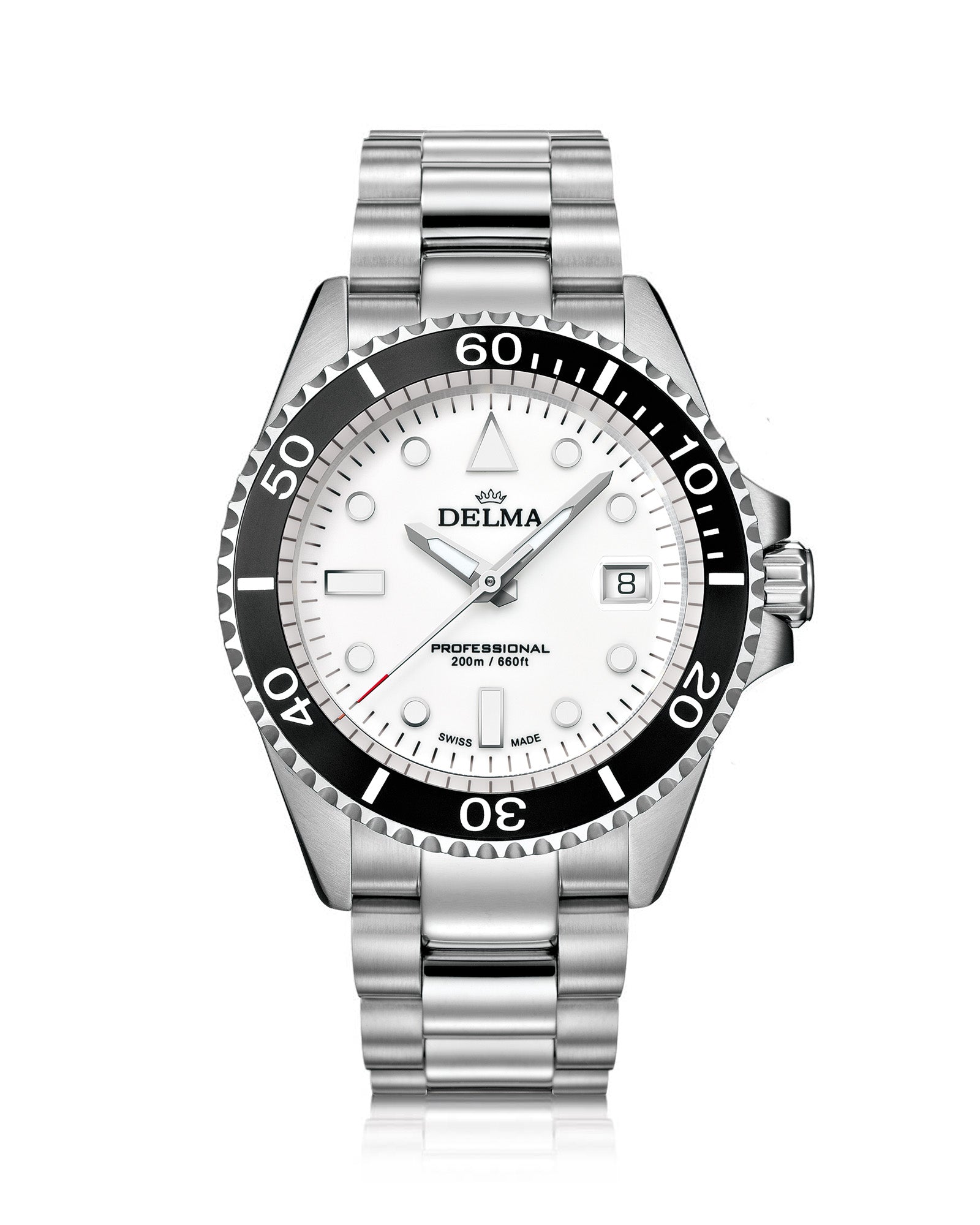 DELMA Commodore stainless steel watch with white dial and black bezel