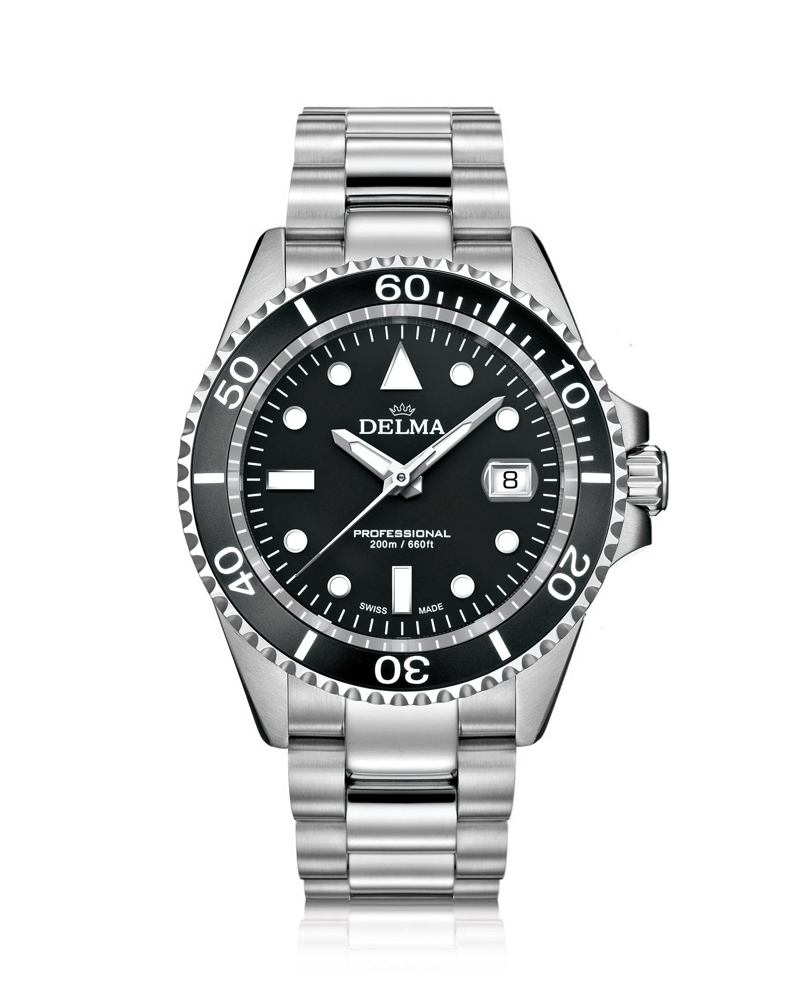 DELMA Commodore stainless steel watch with black dial and black bezel
