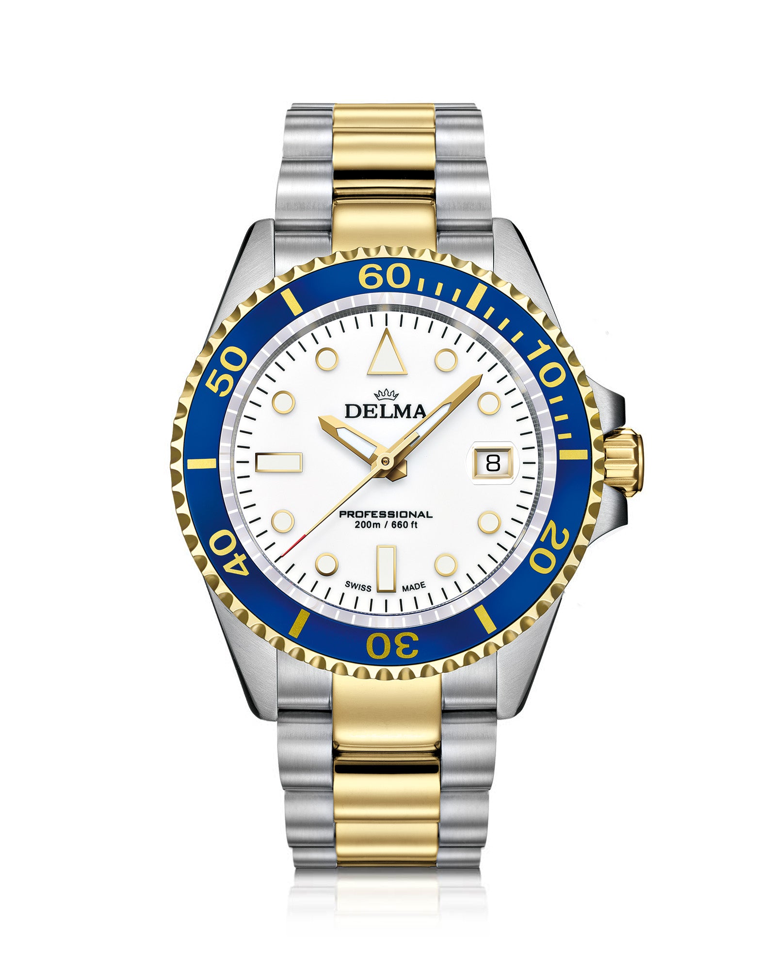 DELMA Commodore two tone stainless steel and yellow gold PVD watch with white dial and blue bezel