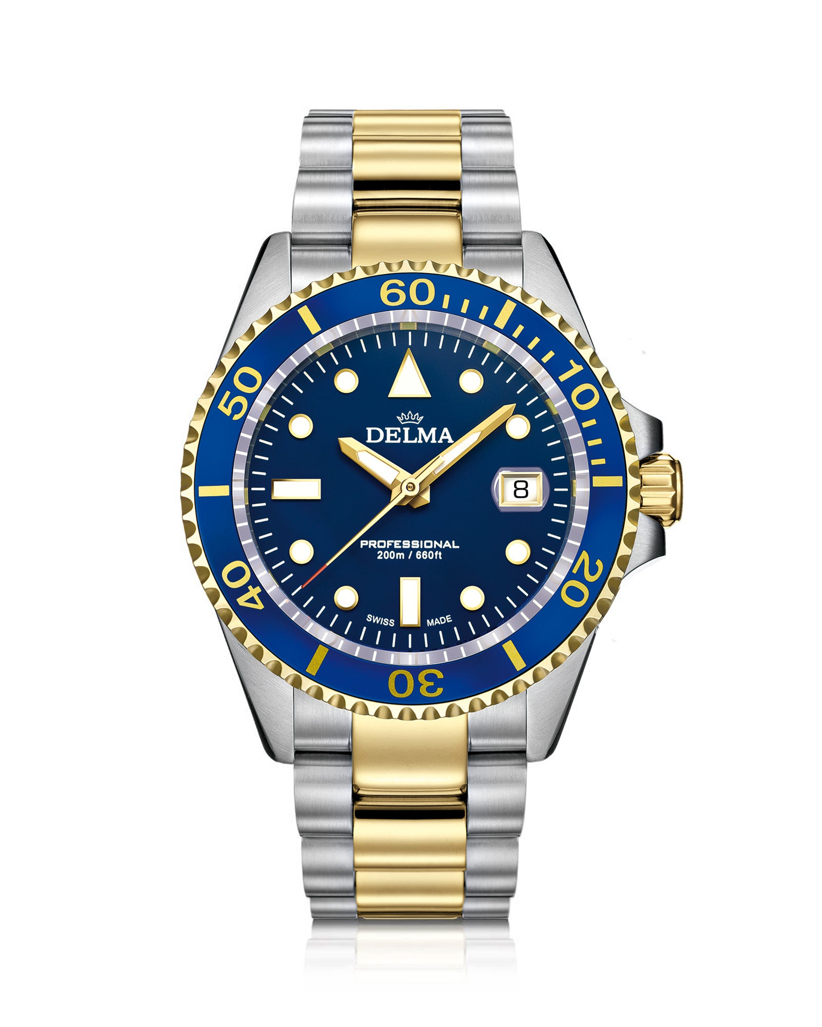 DELMA Commodore two tone stainless steel and yellow gold PVD watch with blue dial and blue bezel