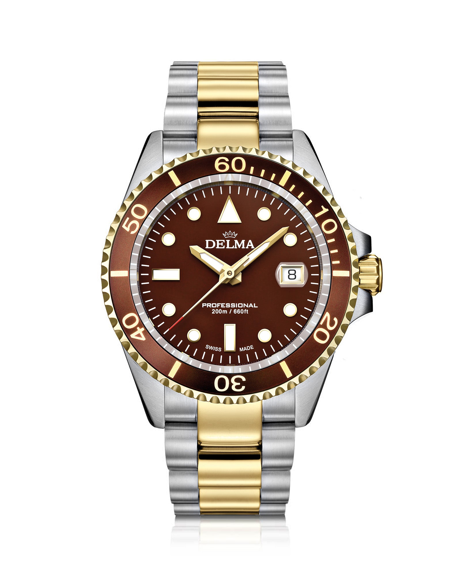 DELMA Commodore two tone stainless steel and yellow gold PVD watch with brown dial and brown bezel