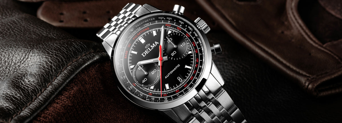 DELMA Continental Pulsometer stainless steel watch with black dial in context