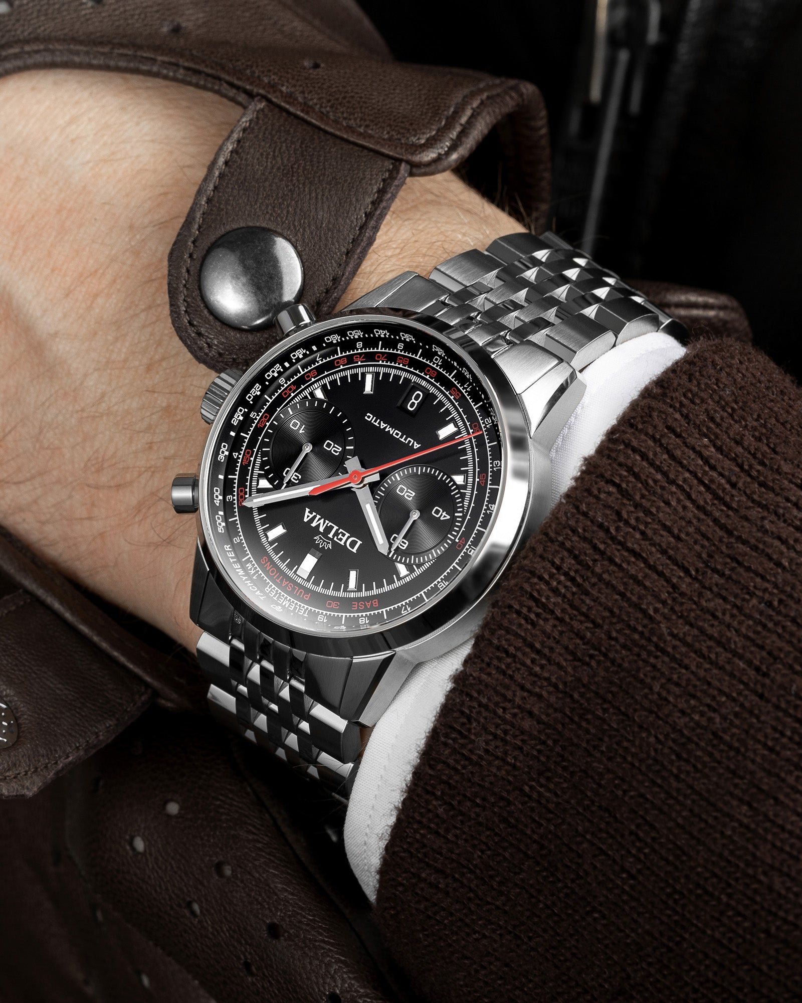 DELMA Continental Pulsometer stainless steel watch with black dial wrist shot