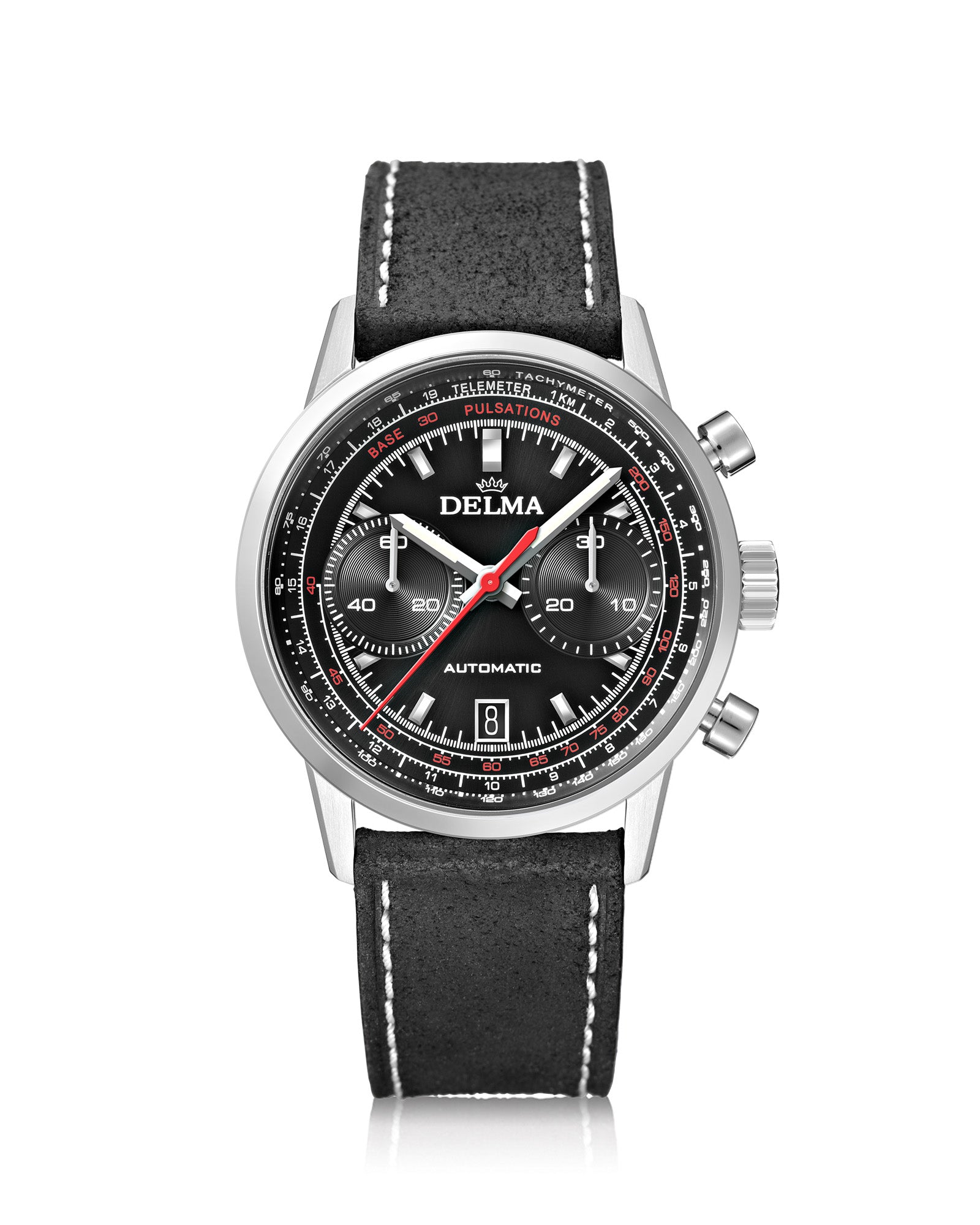 DELMA Continental Pulsometer stainless steel watch with black dial and black leather strap