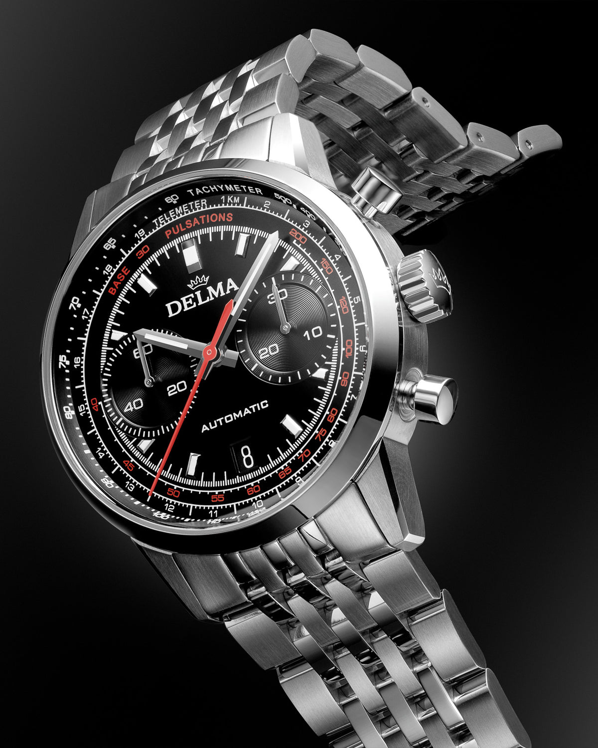 DELMA Continental Pulsometer stainless steel watch with black dial side