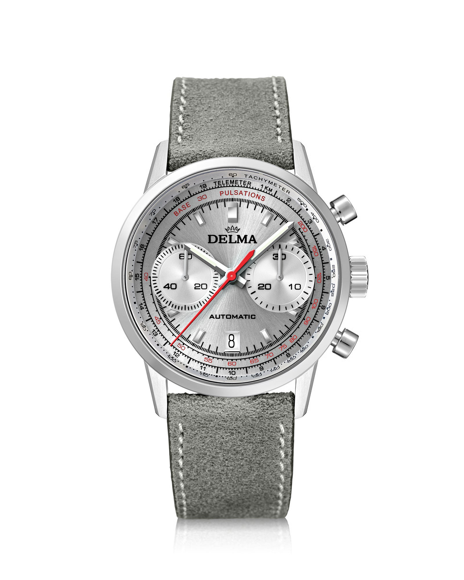 DELMA Continental Pulsometer stainless steel watch with silver dial and grey leather strap