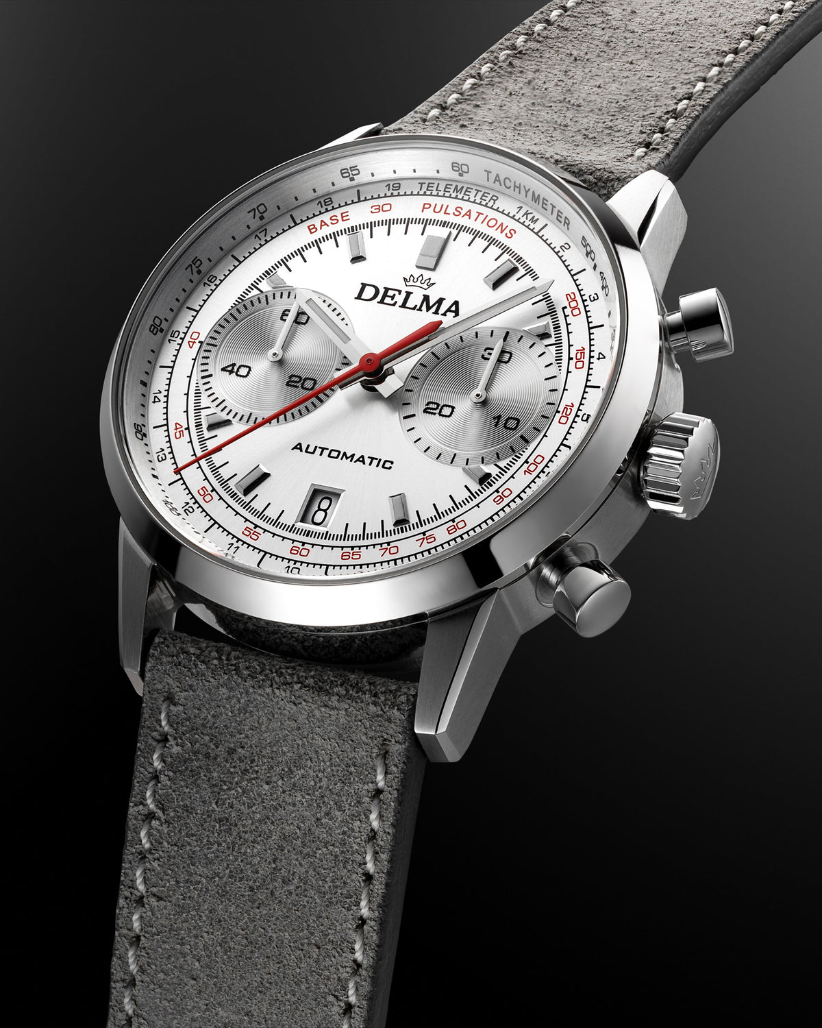 DELMA Continental Pulsometer stainless steel watch with silver dial and grey leather strap side