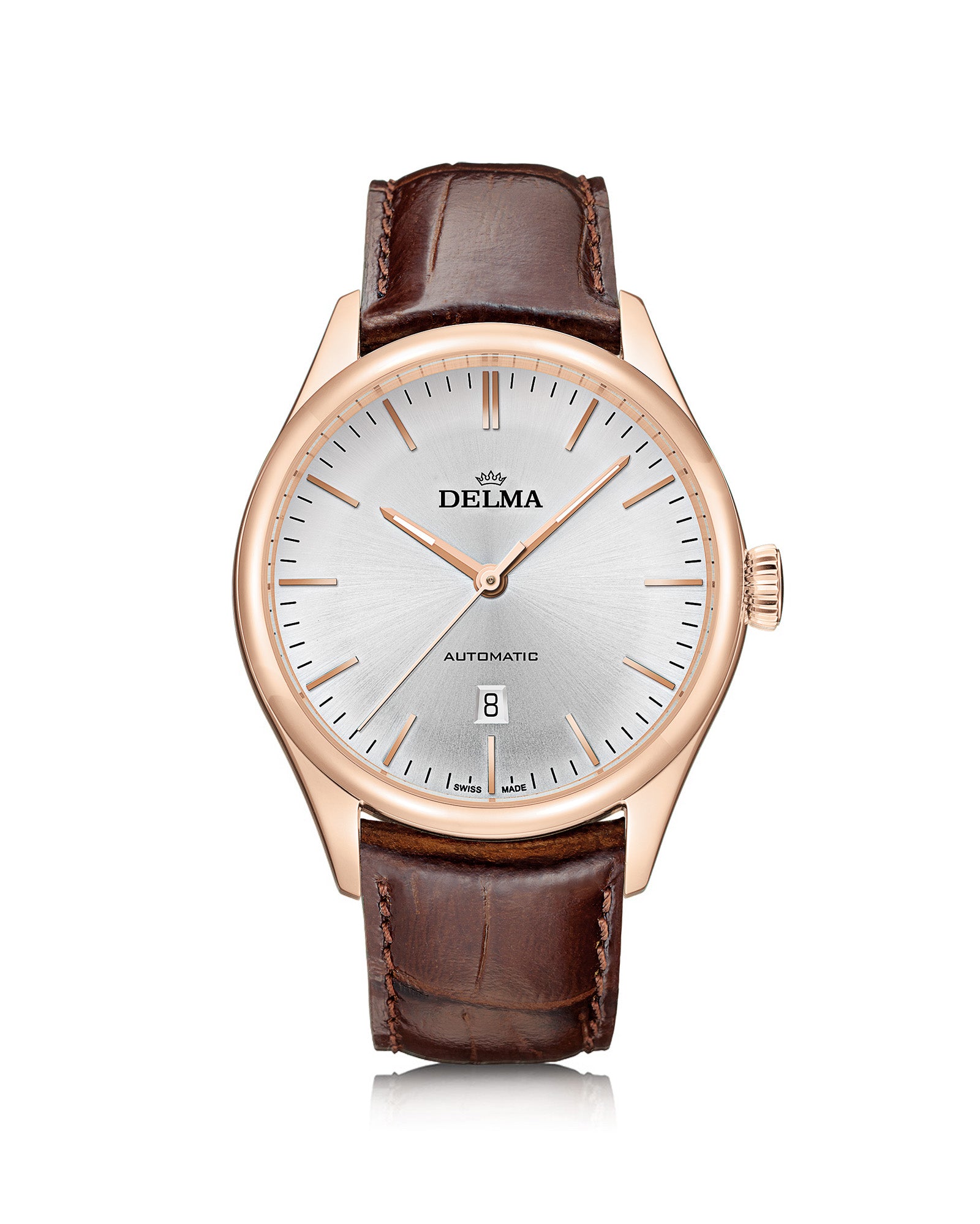DELMA Heritage Automatic stainless steel with rose gold PVD watch with silver dial and brown leather strap
