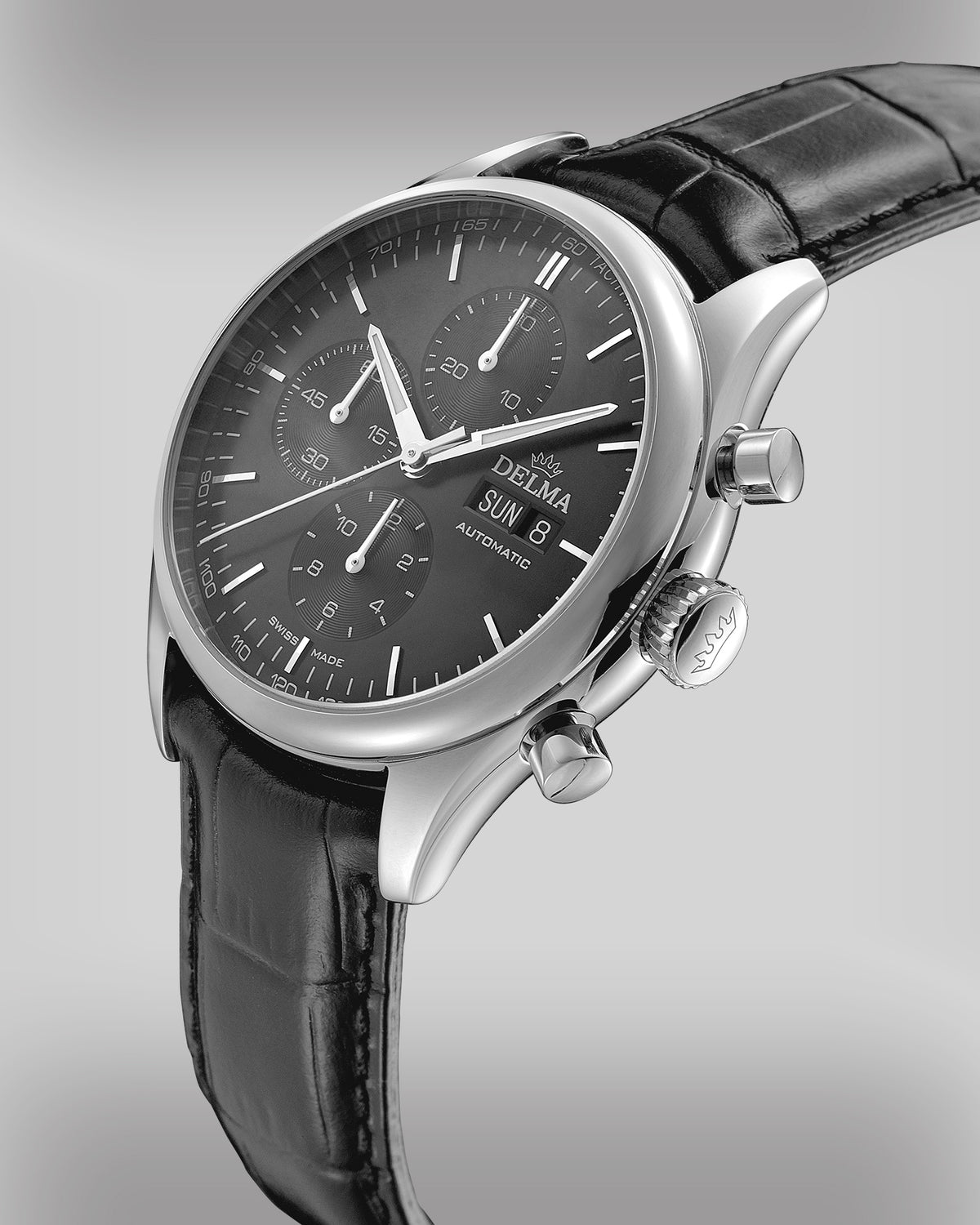 DELMA Heritage Chronograph stainless steel watch with black dial and black leather strap side