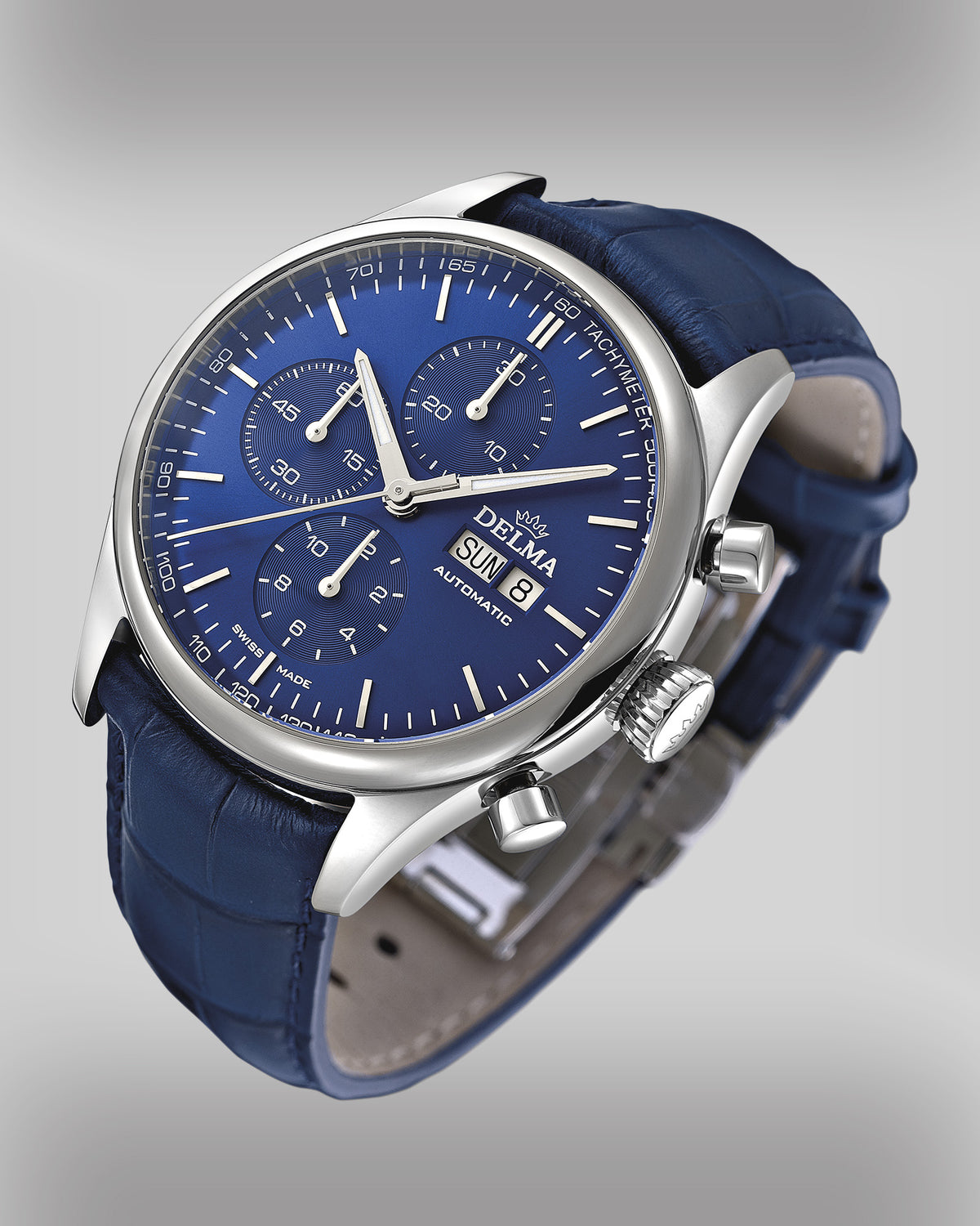 DELMA Heritage Chronograph stainless steel watch with blue dial and blue leather strap round