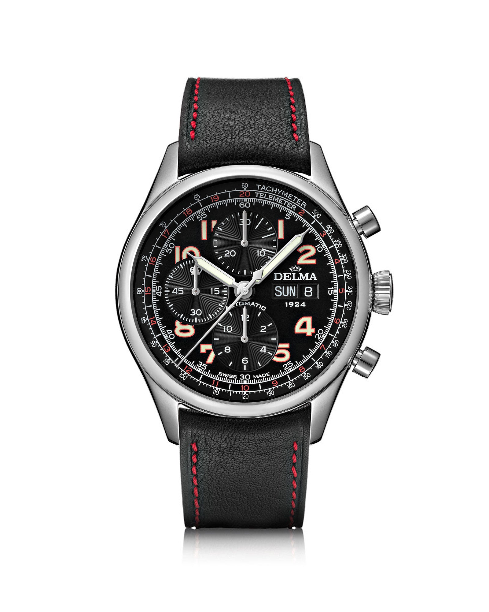 DELMA Heritage Chronograph 100 Years LE stainless steel watch with black dial and black leather strap