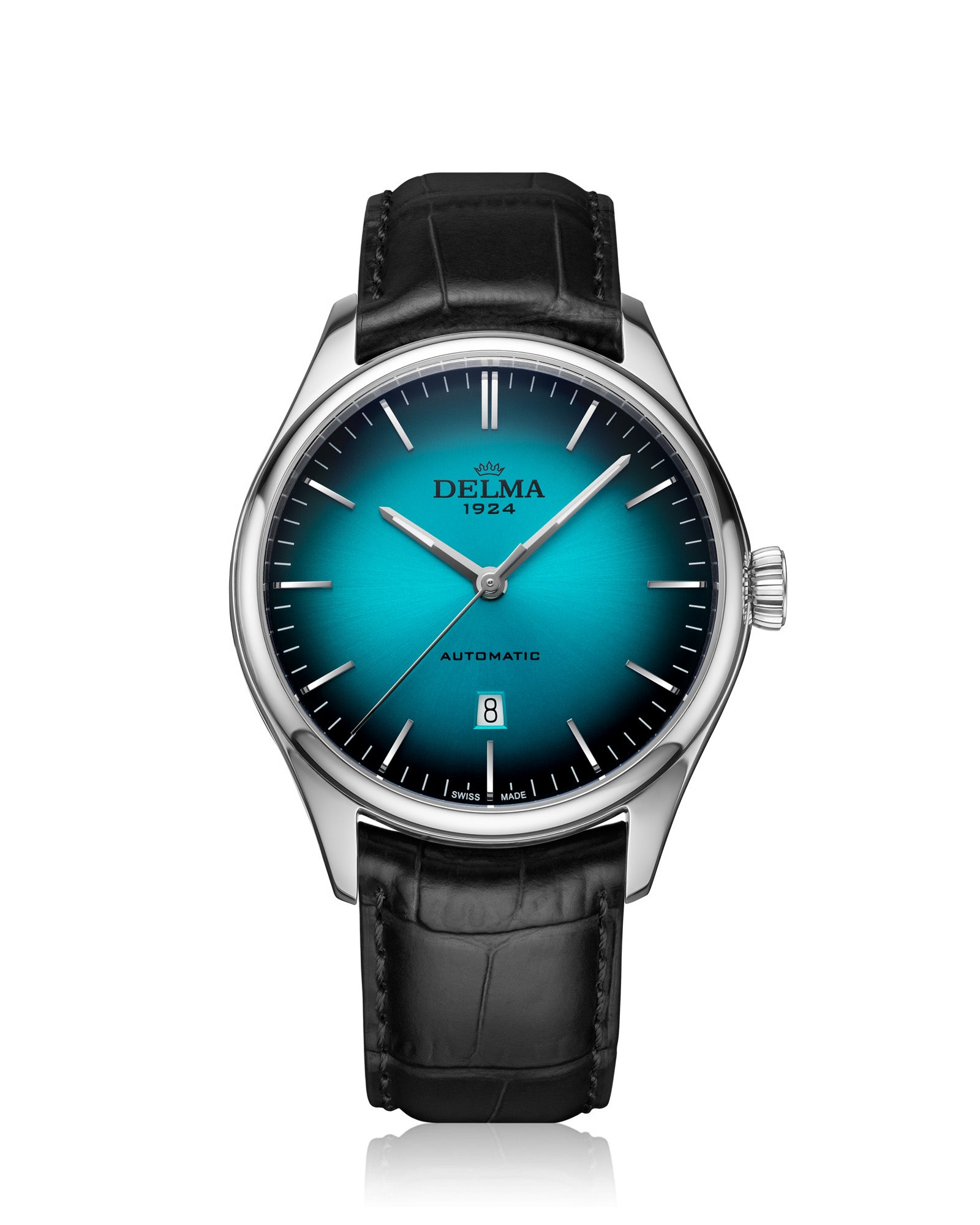 DELMA Heritage Automatic stainless steel watch with teal fumé dial and black leather strap