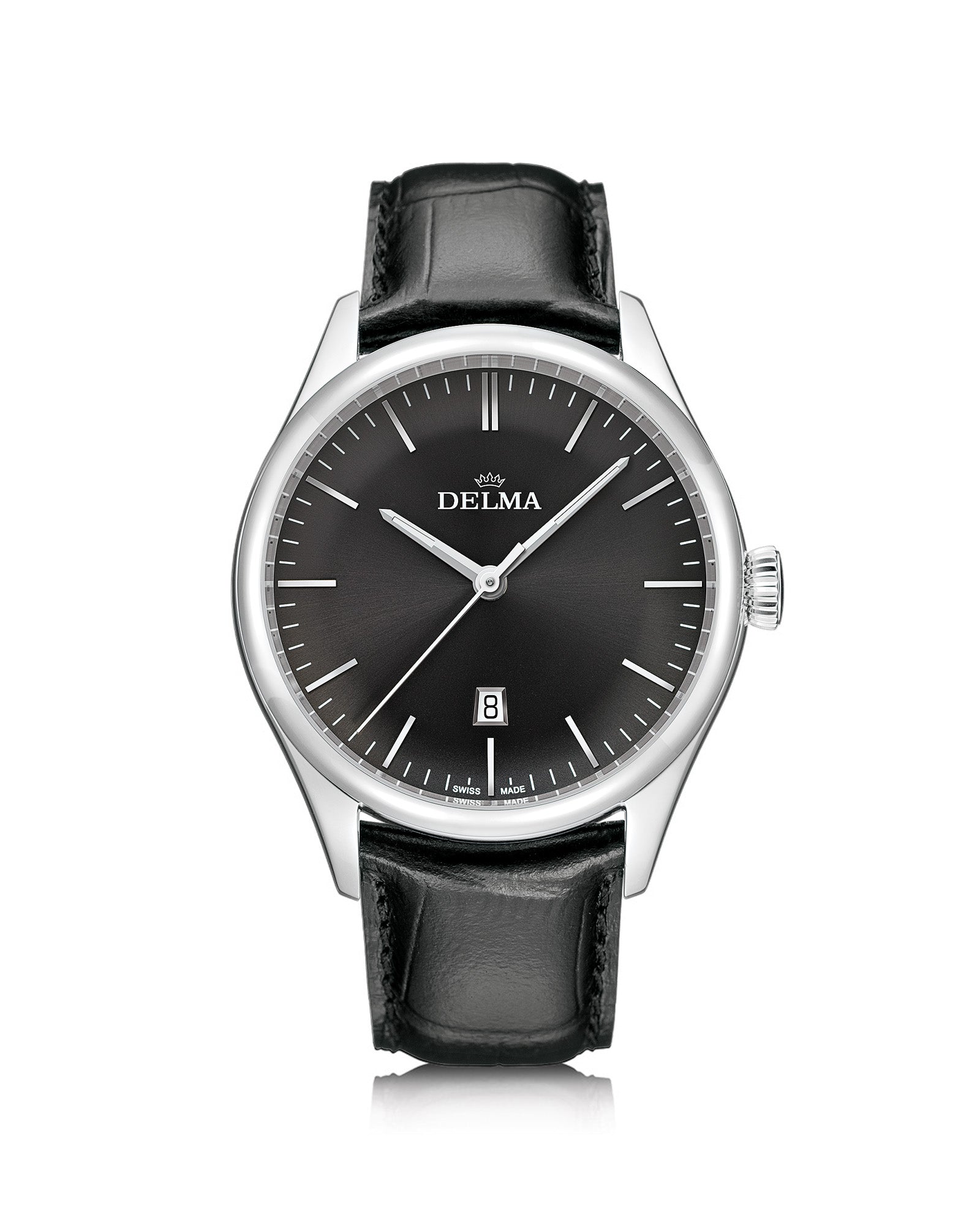 DELMA Heritage stainless steel watch with black dial and black leather strap