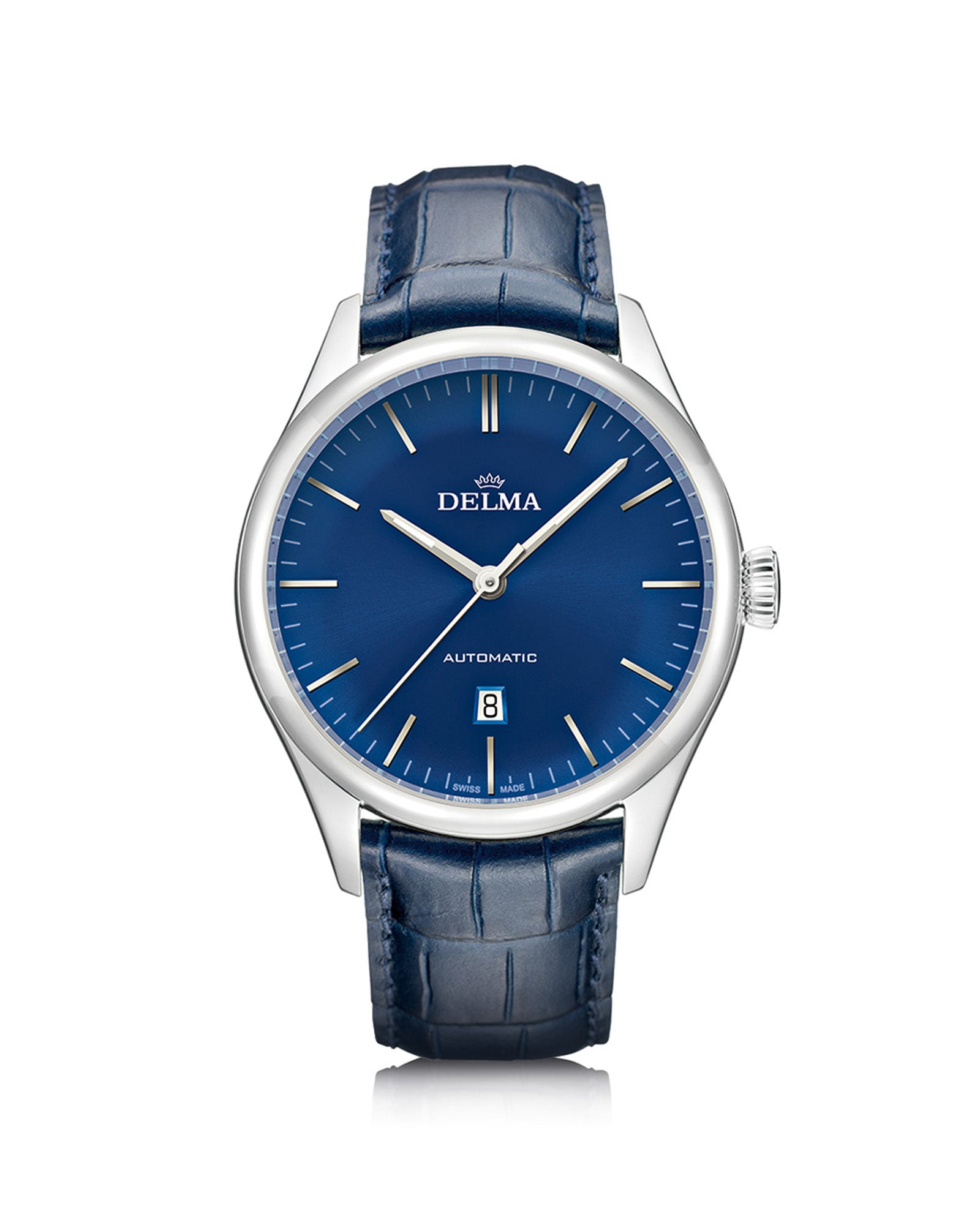 DELMA Heritage stainless steel watch with blue dial and blue leather strap