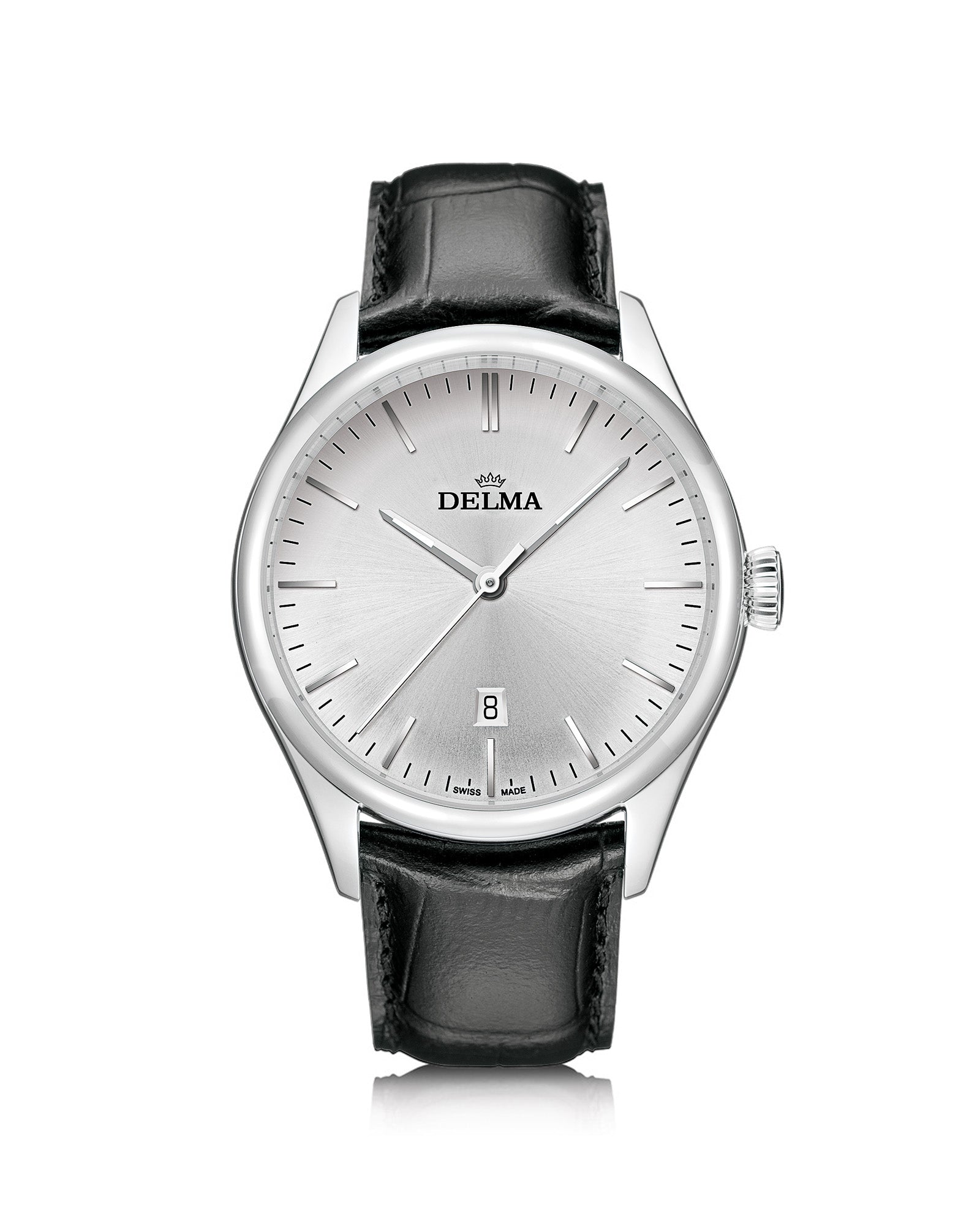 DELMA Heritage stainless steel watch with silver dial and black leather strap