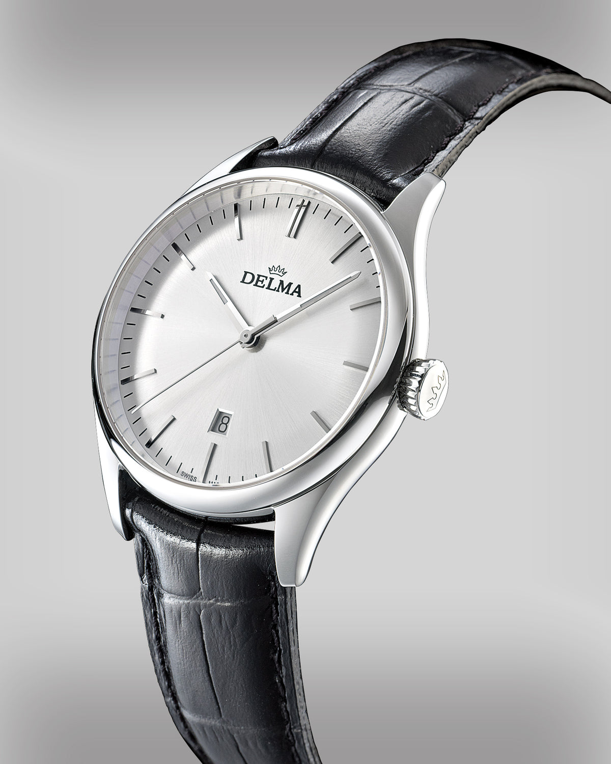 DELMA Heritage stainless steel watch with silver dial and black leather strap side