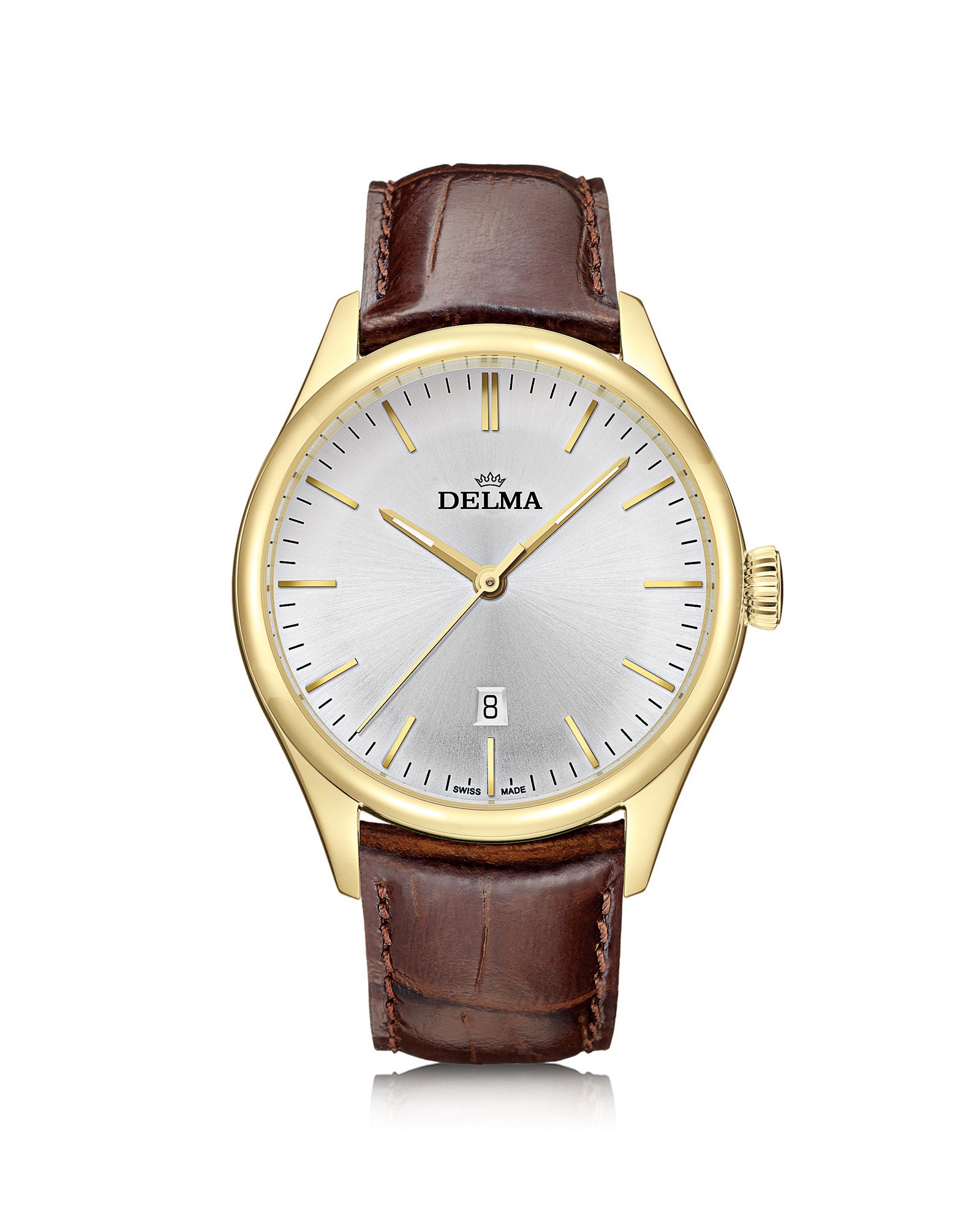 DELMA Heritage stainless steel and yellow gold PVD watch with silver dial and brown leather strap