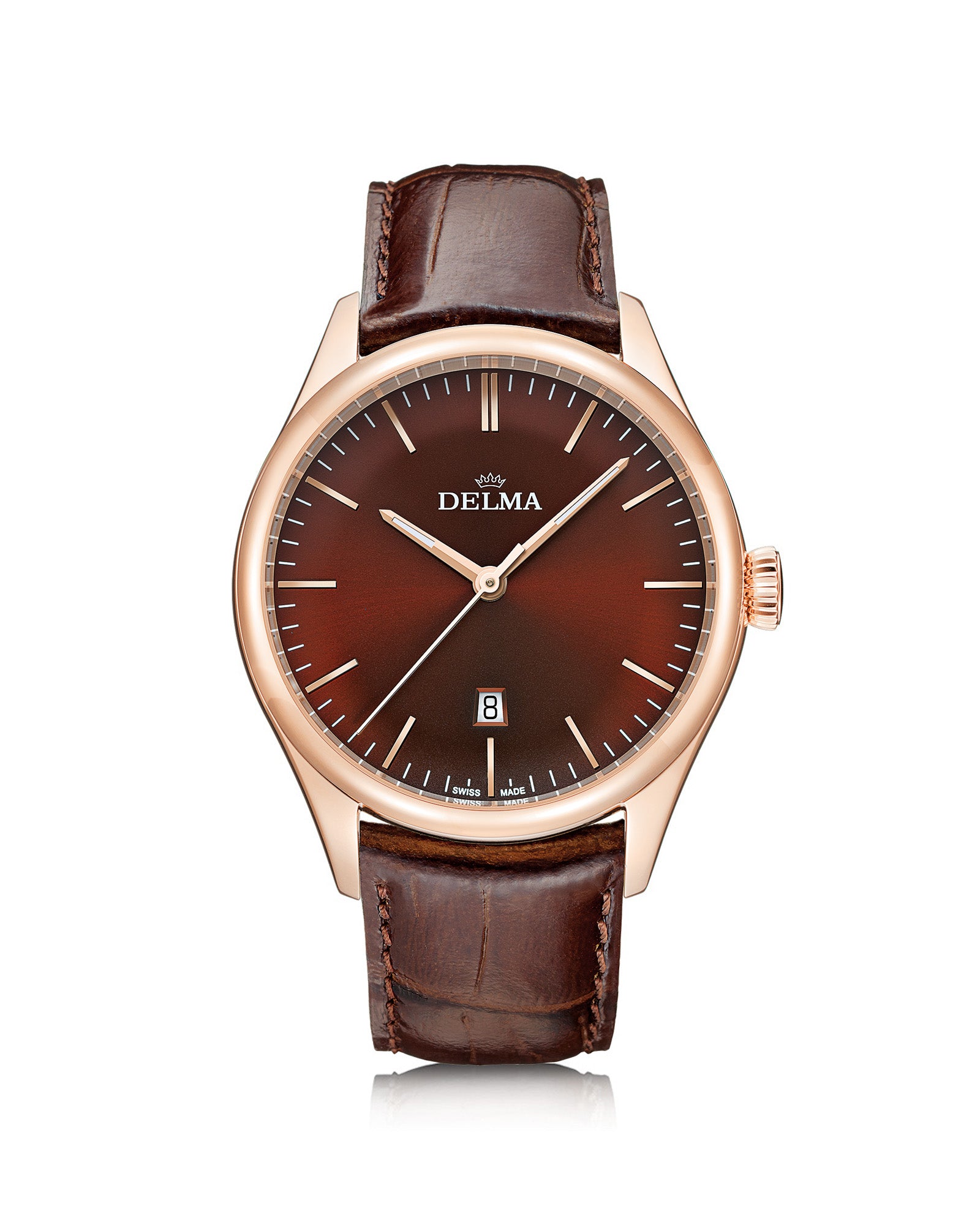 DELMA Heritage stainless steel and rose gold PVD watch with brown dial and brown leather strap