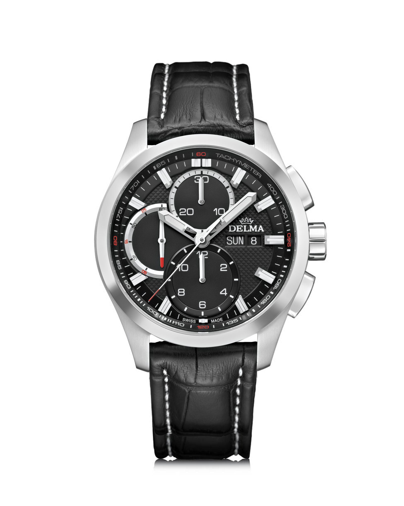 DELMA Klondike Chronotec stainless steel watch with black dial and black leather strap