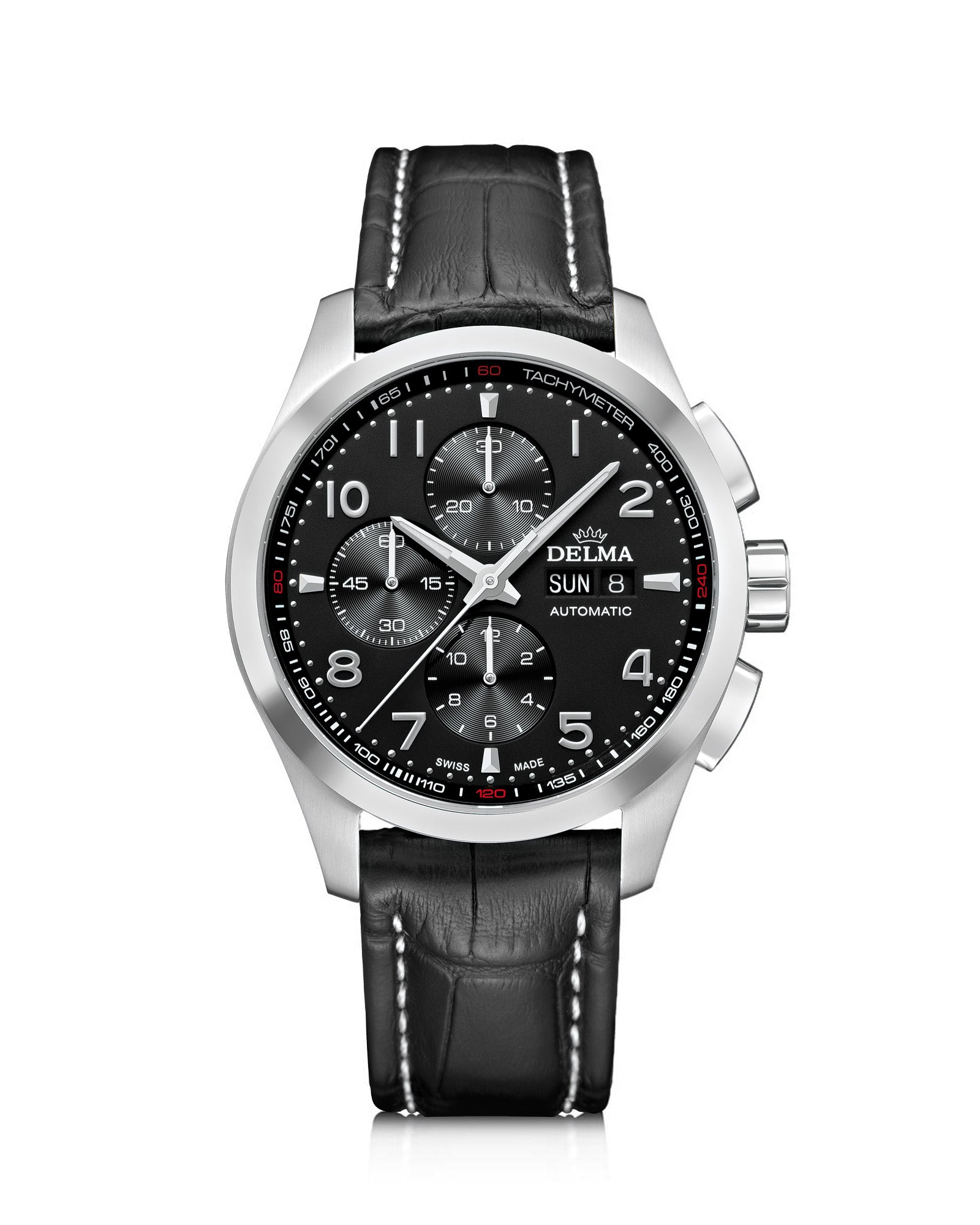 DELMA Klondike Classic stainless steel watch with black dial and black leather strap