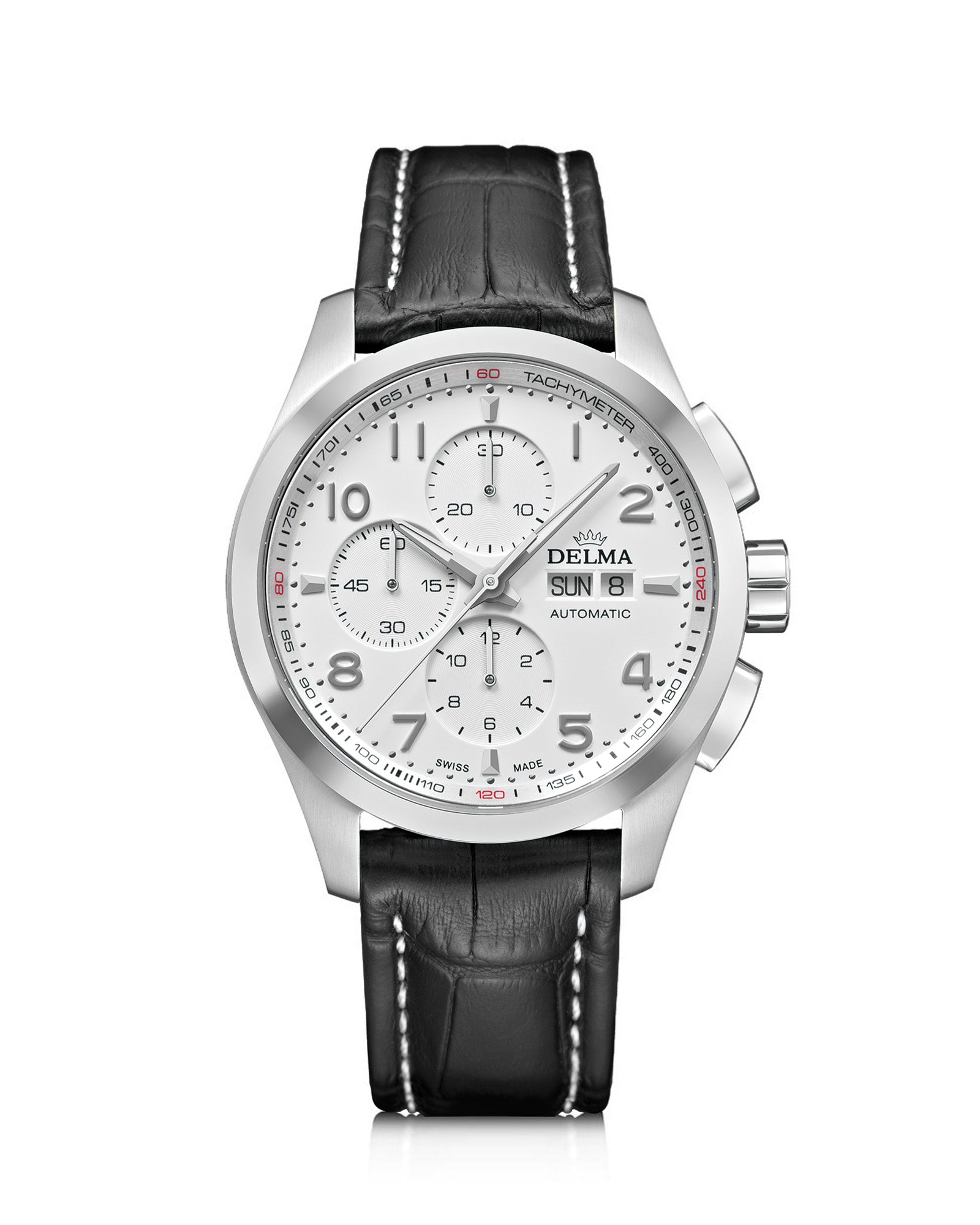 DELMA Klondike Classic stainless steel watch with white dial and black leather strap