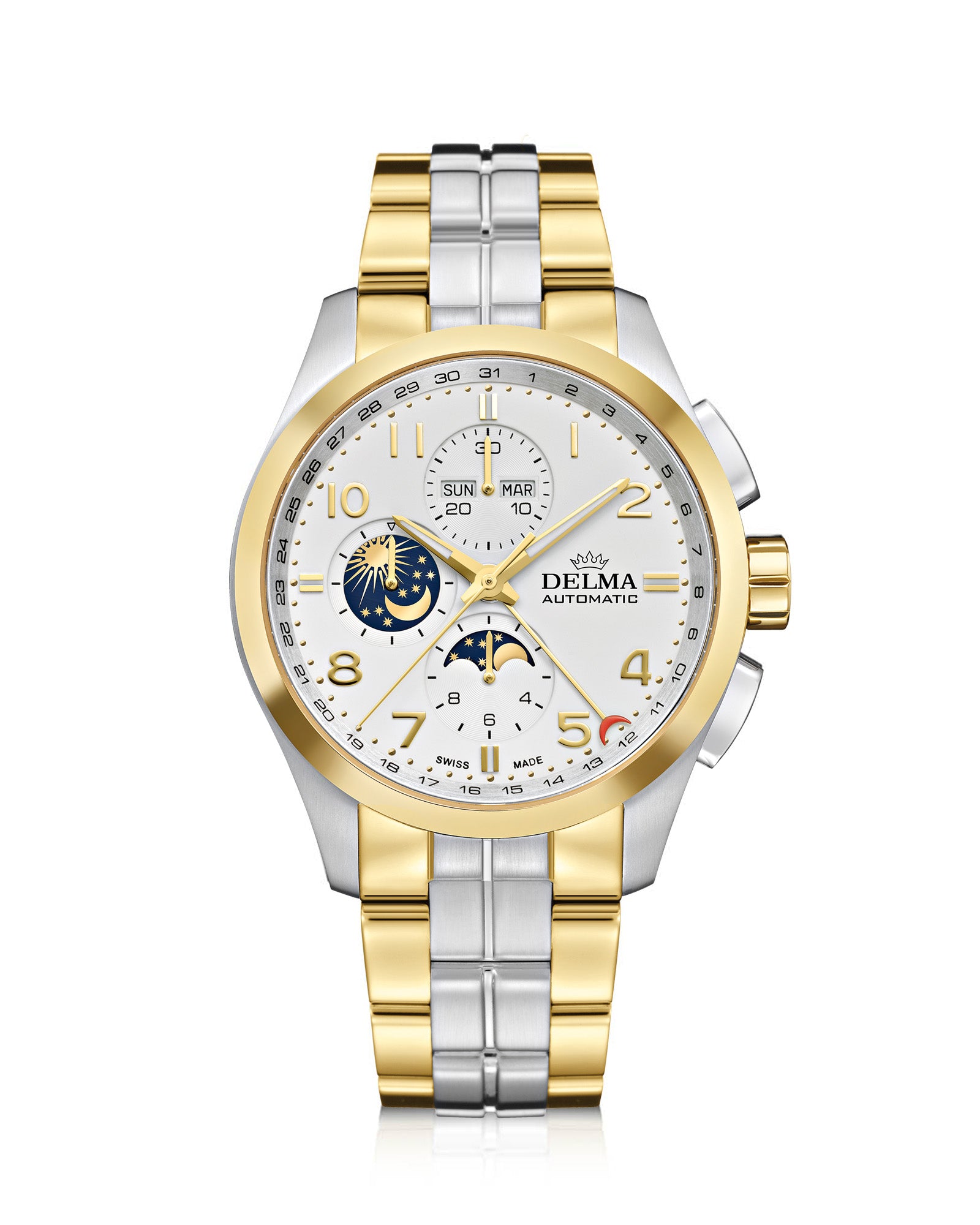 DELMA Klondike Moonphase two tone watch with white dial