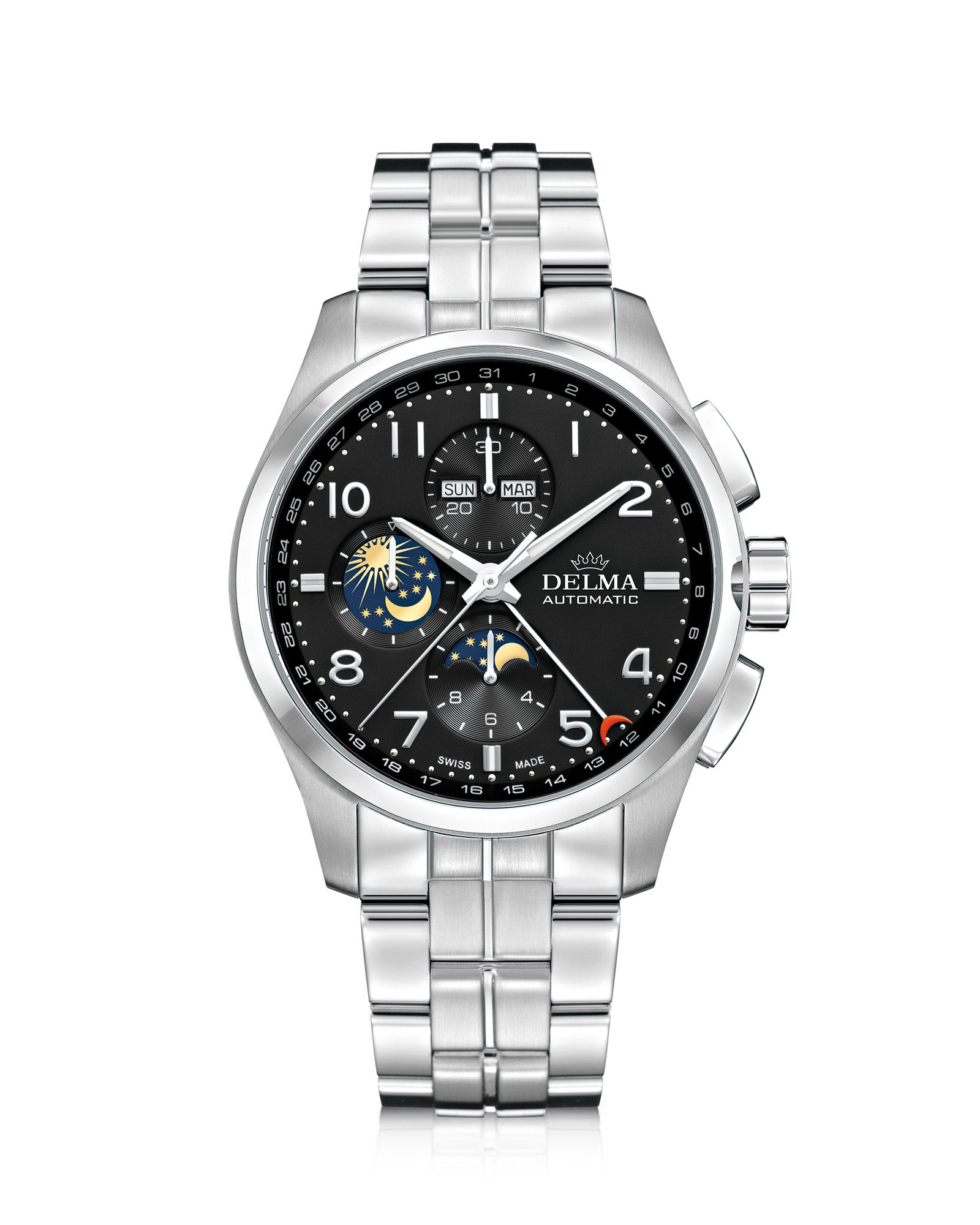 DELMA Klondike Moonphase stainless steel watch with black dial