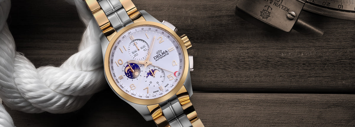 DELMA Klondike Moonphase two tone watch with white dial in context