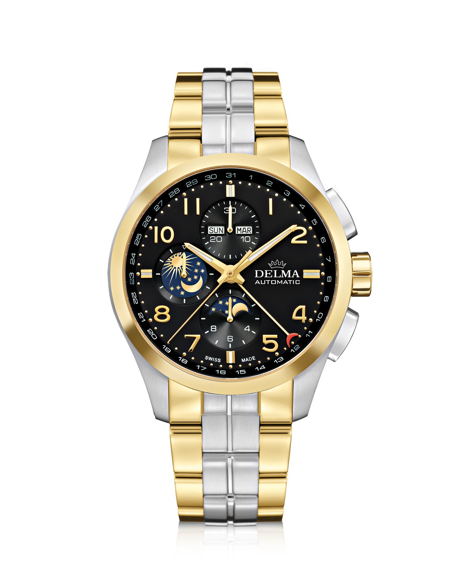 DELMA Klondike Moonphase two tone watch with black dial 