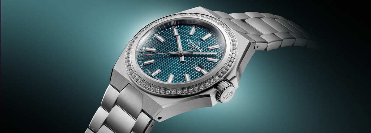 DELMA Midland 34 mm stainless steel watch with teal dial and diamond bezel 