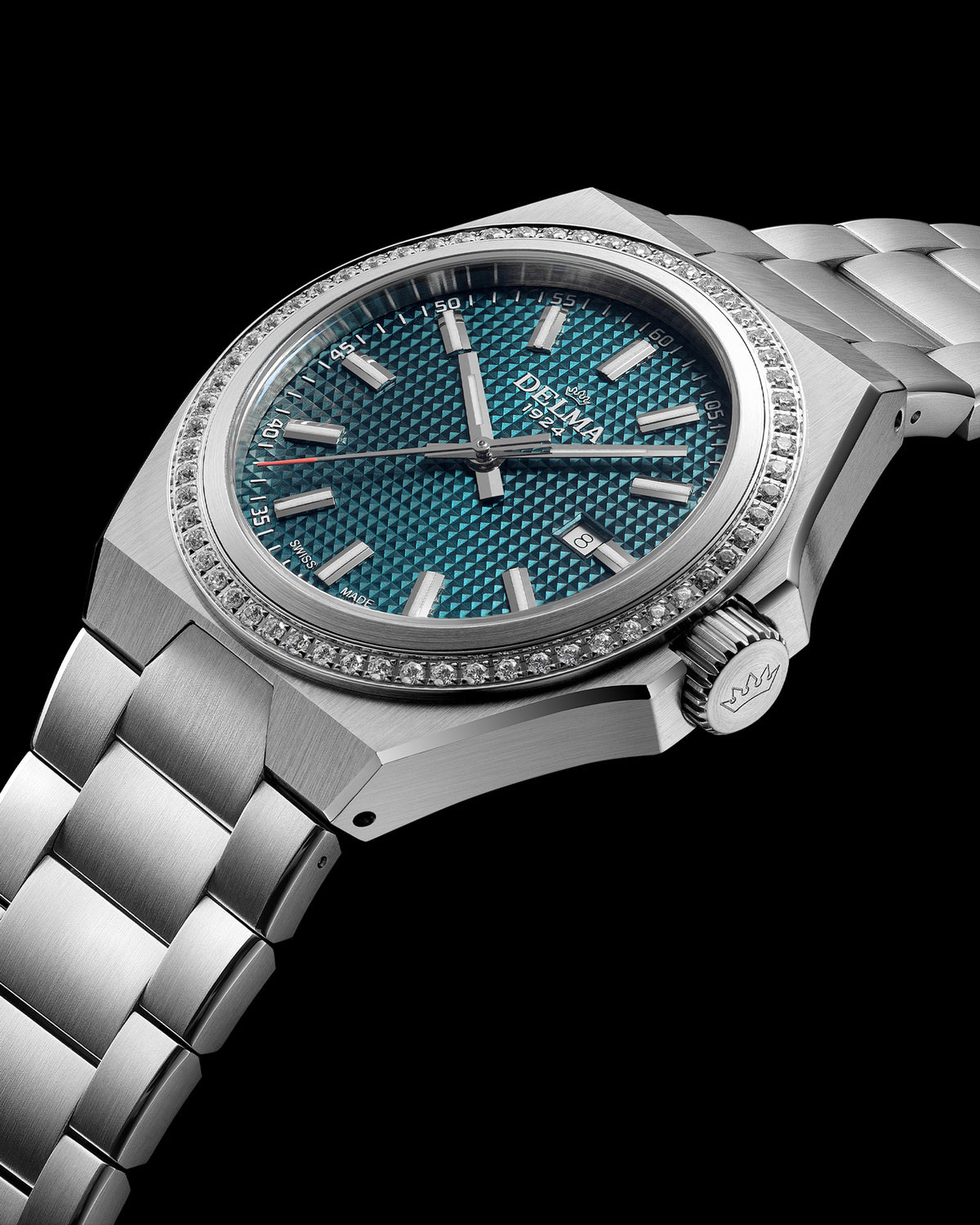 DELMA Midland 34 mm stainless steel watch with teal dial and diamond bezel