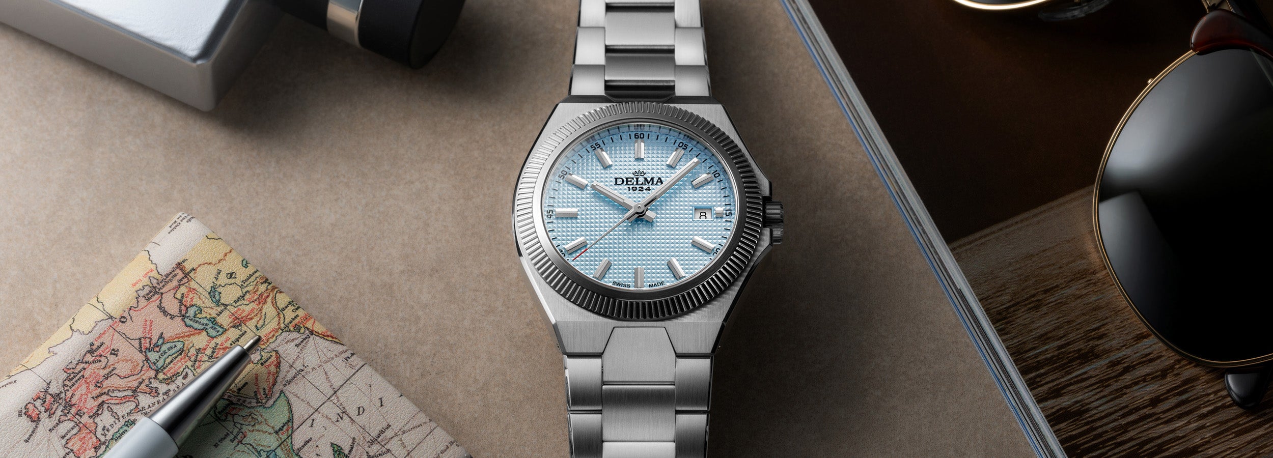 DELMA Midland 40 mm stainless steel watch with light blue dial in context