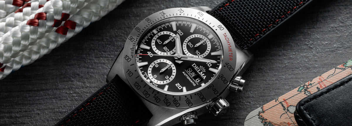DELMA Montego stainless steel watch with black dial and black Cordura strap