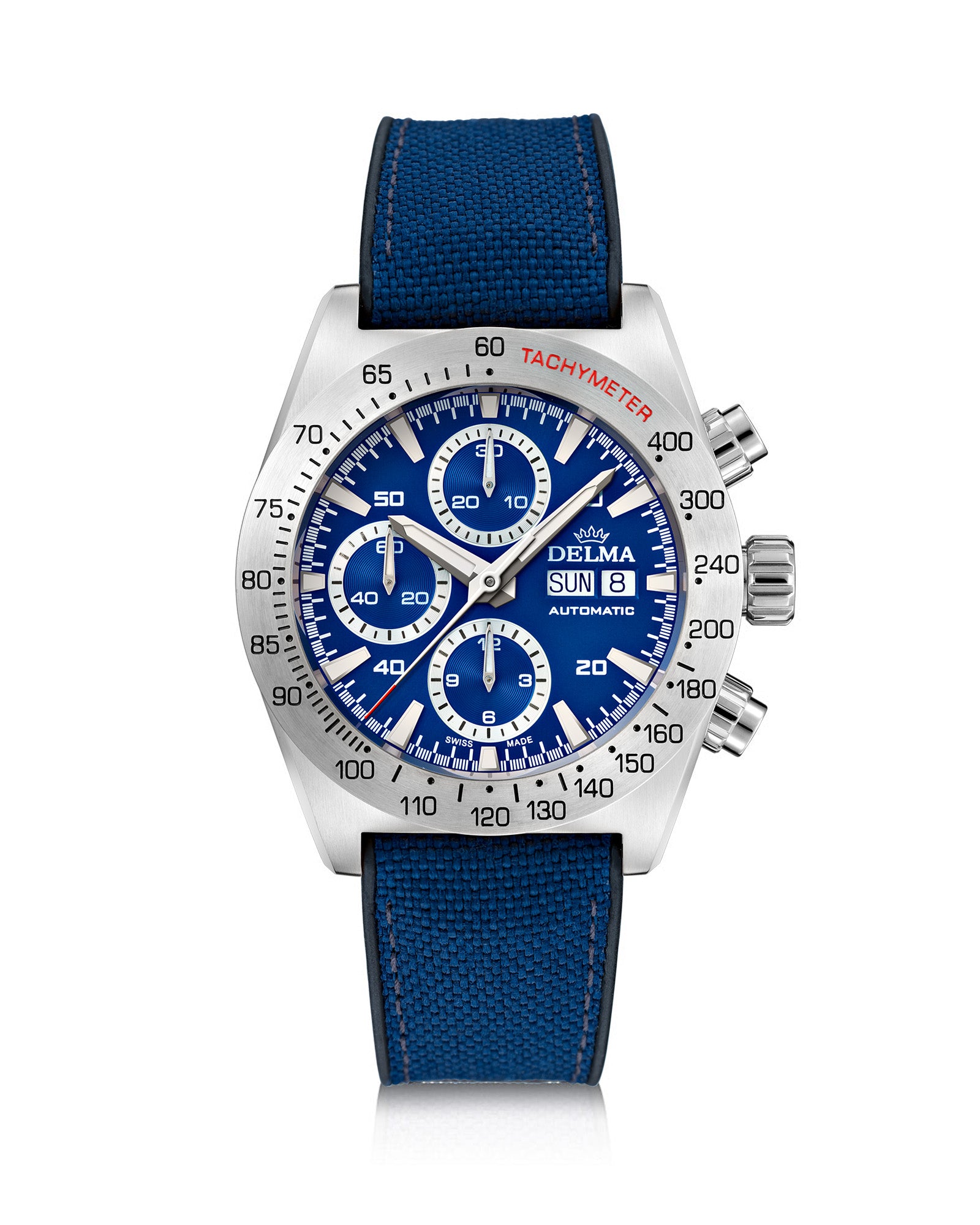 DELMA Montego stainless steel watch with green dial and blue Cordura strap