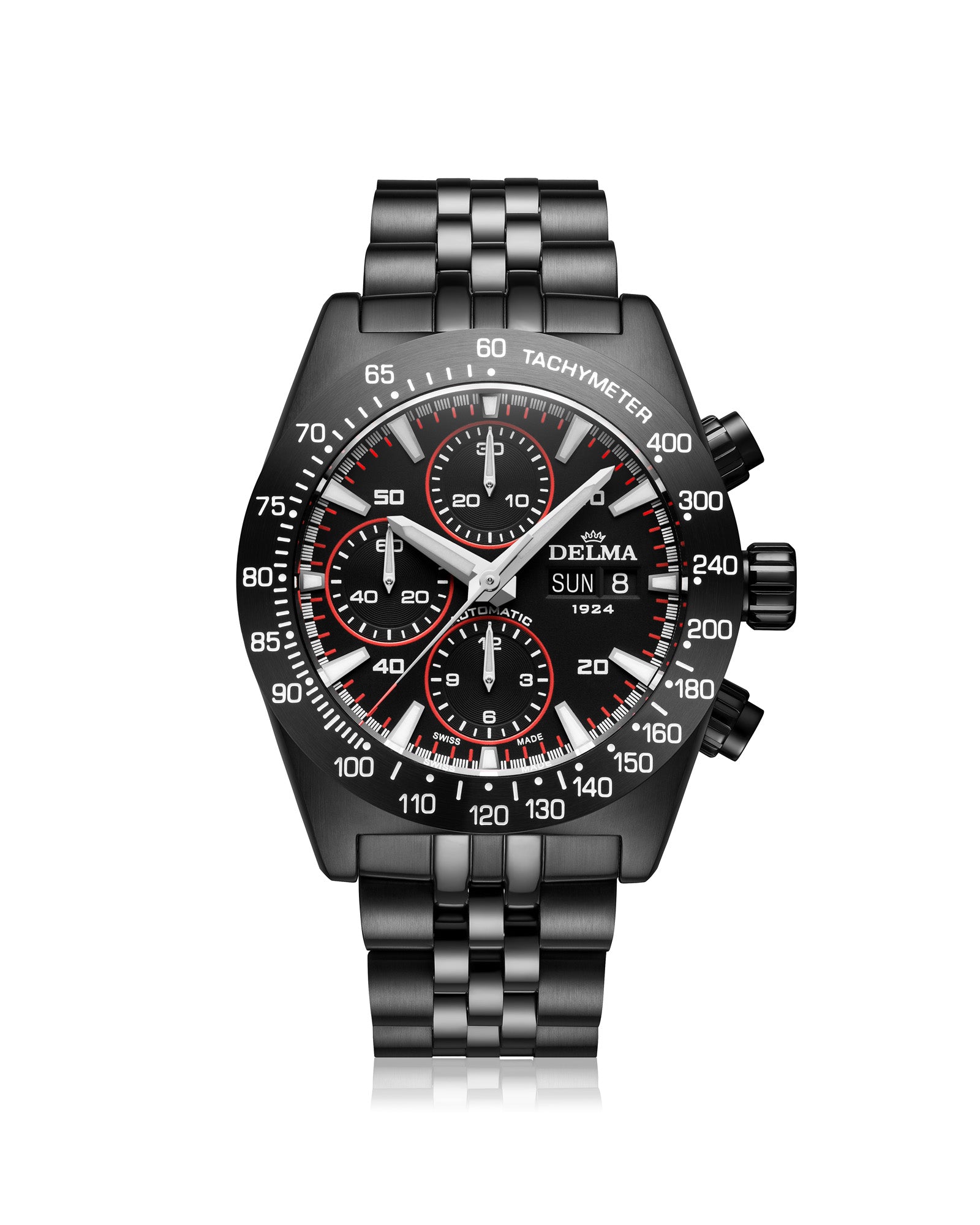 DELMA Montego Black Edition stainless steel watch with black DLC and black dial with red accents