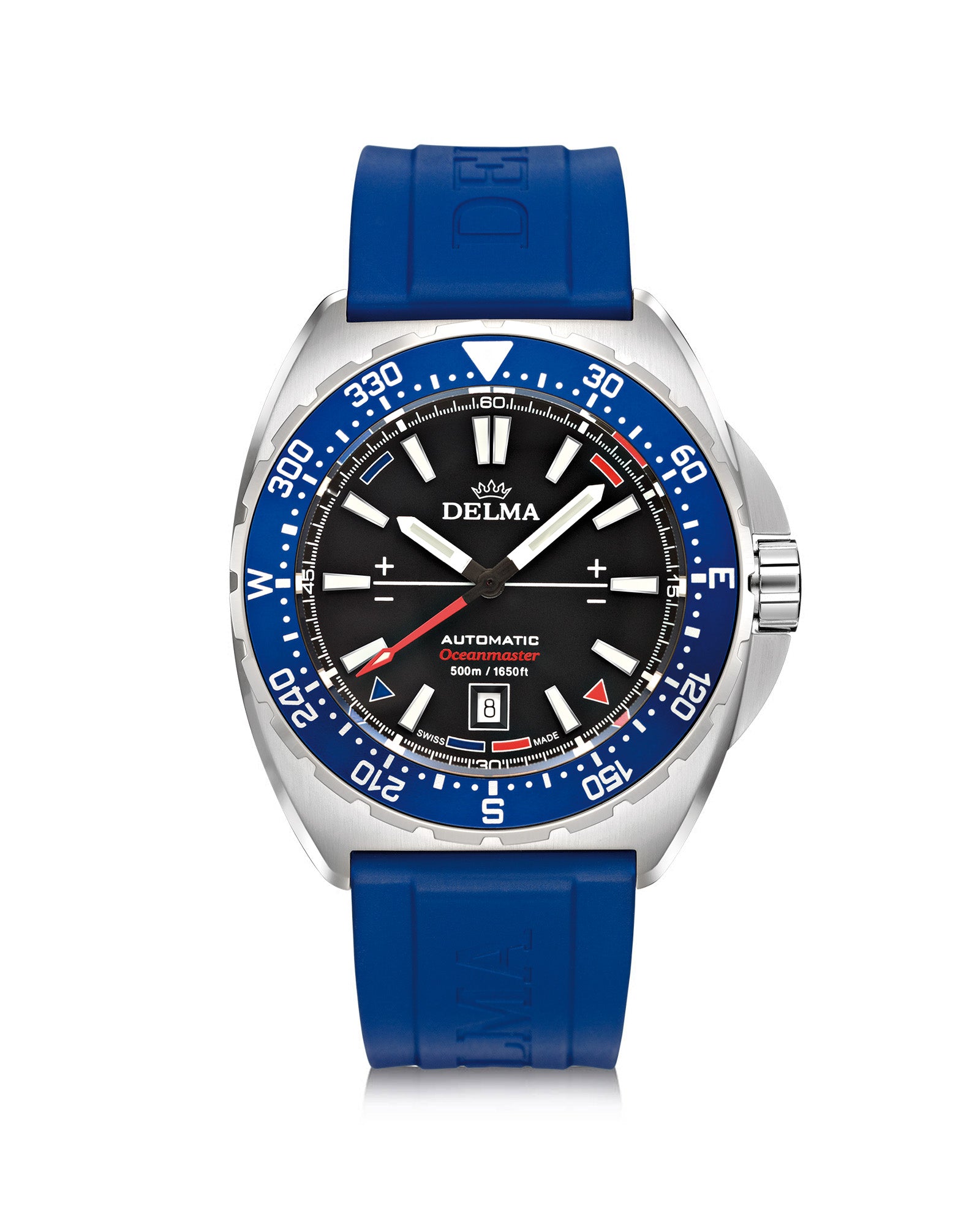 DELMA Oceanmaster Automatic stainless steel watch with black dial, blue bezel and blue rubber 