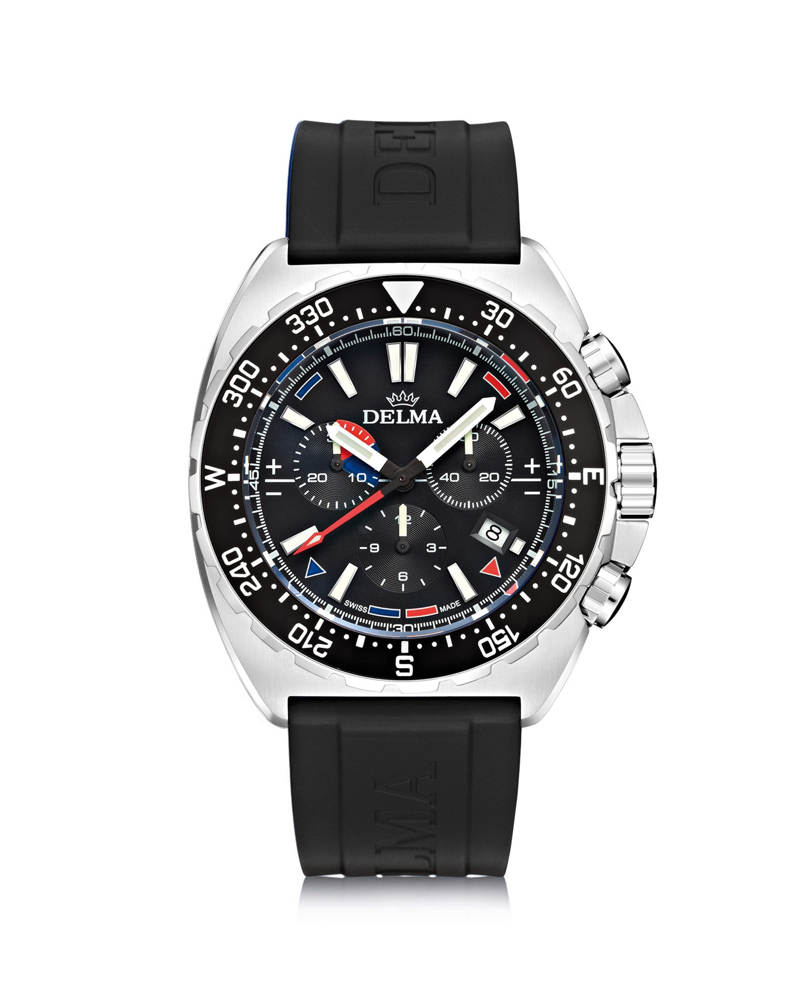 DELMA Oceanmaster stainless steel watch with black dial, black bezel and black rubber strap