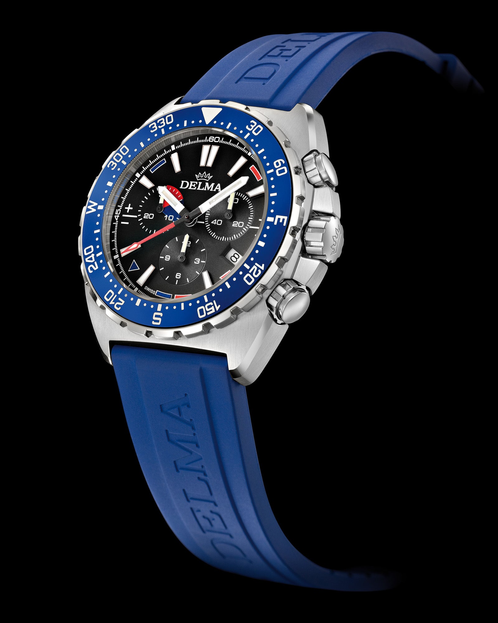DELMA Oceanmaster stainless steel watch with black dial, blue bezel and blue rubber strap side
