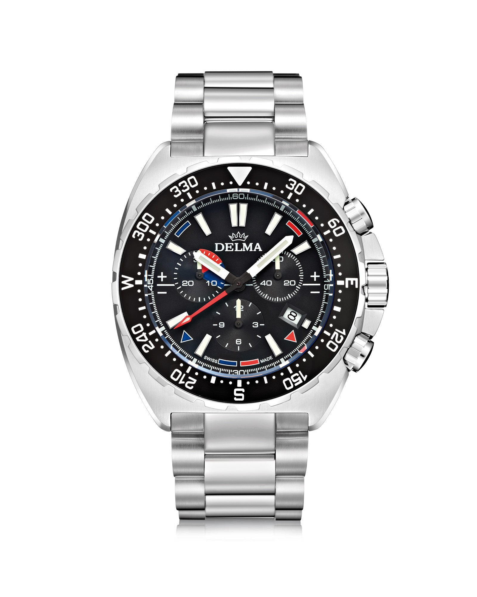 DELMA Oceanmaster Chronograph stainless steel watch with black dial and black bezel